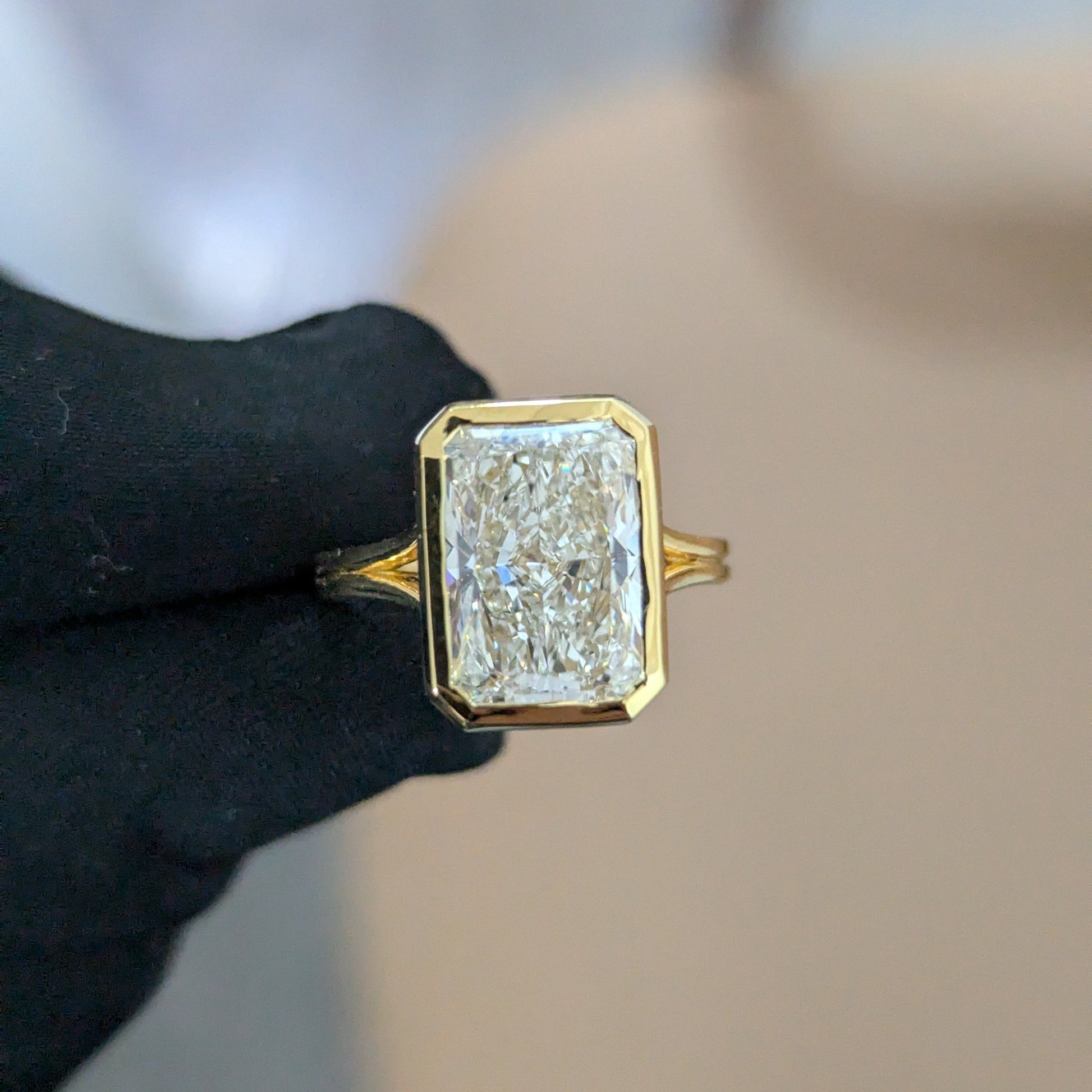Modern 4.00ct Radiant Lab Diamond Ring | Bezel Cathedral Setting | IGI | Ethical Gold