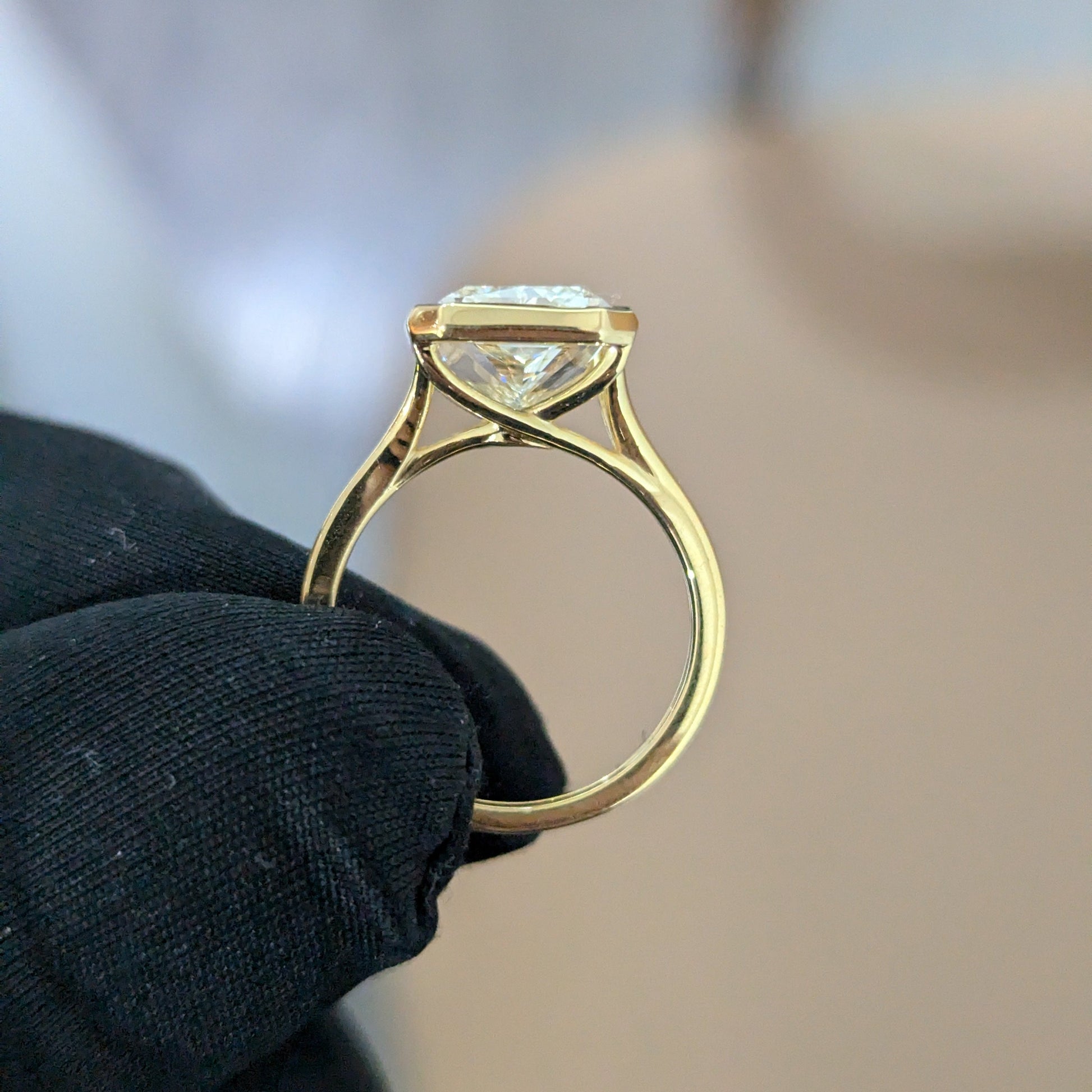 Modern 4.00ct Radiant Lab Diamond Ring | Bezel Cathedral Setting | IGI | Ethical Gold