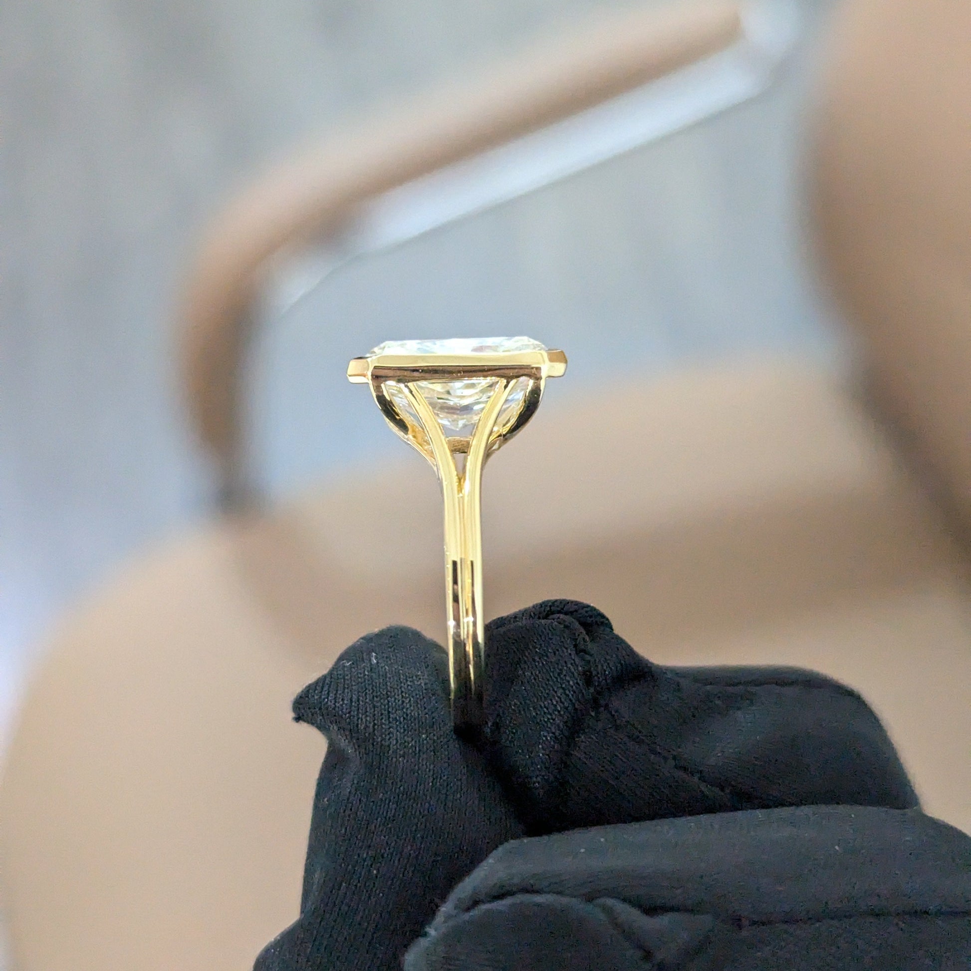 Modern 4.00ct Radiant Lab Diamond Ring | Bezel Cathedral Setting | IGI | Ethical Gold