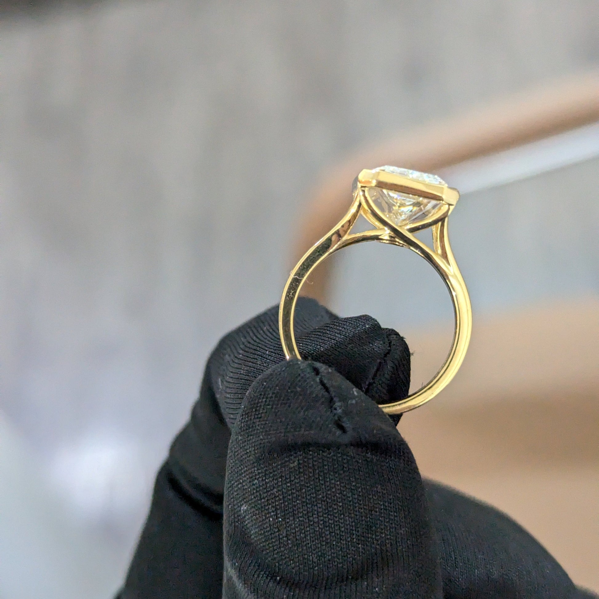 Modern 4.00ct Radiant Lab Diamond Ring | Bezel Cathedral Setting | IGI | Ethical Gold