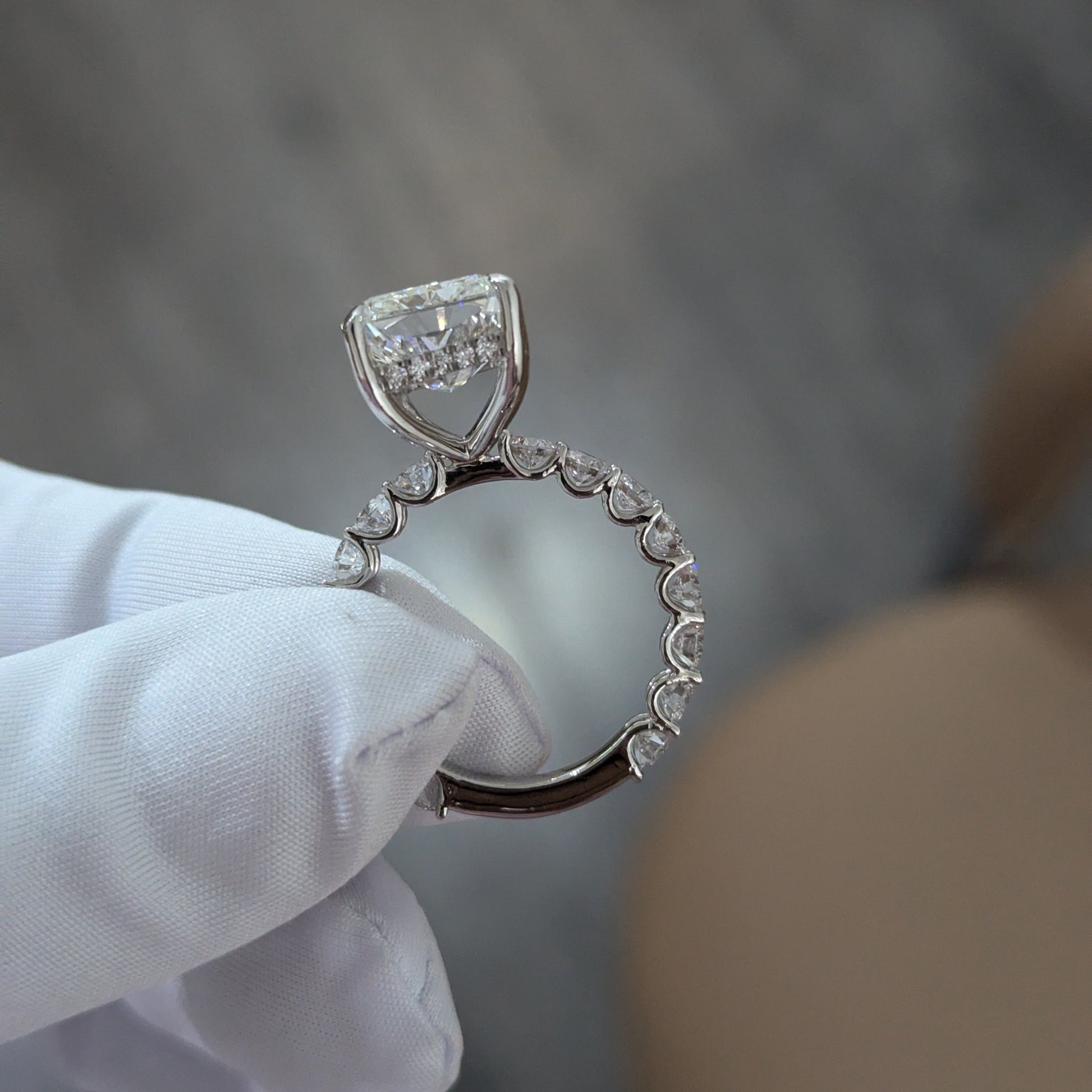 Radiant 12.80tcw Lab Diamond Ring | Hidden Halo | Scalloped Pavé | IGI Certified | EF VS