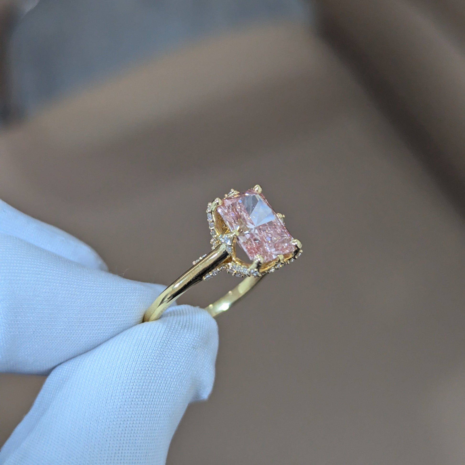 Radiant 3.30tcw Fancy Pink Lab Diamond Ring | IGI Certified | White Gold | Round Side Stones | Ethical Engagement Ring