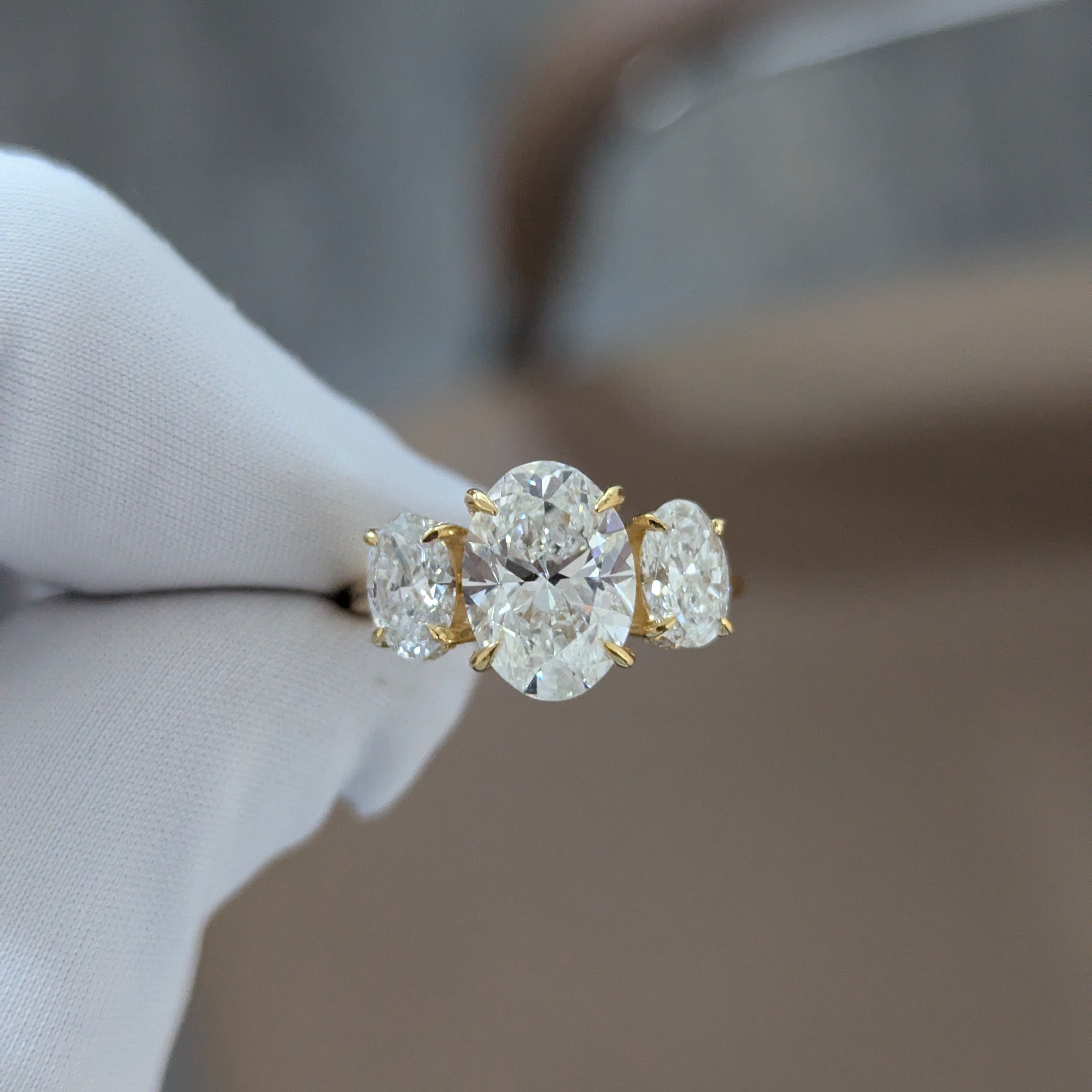 3.65tcw Oval Lab Diamond 3-Stone Engagement Ring | Hidden Halo | IGI Certified | Yellow Gold