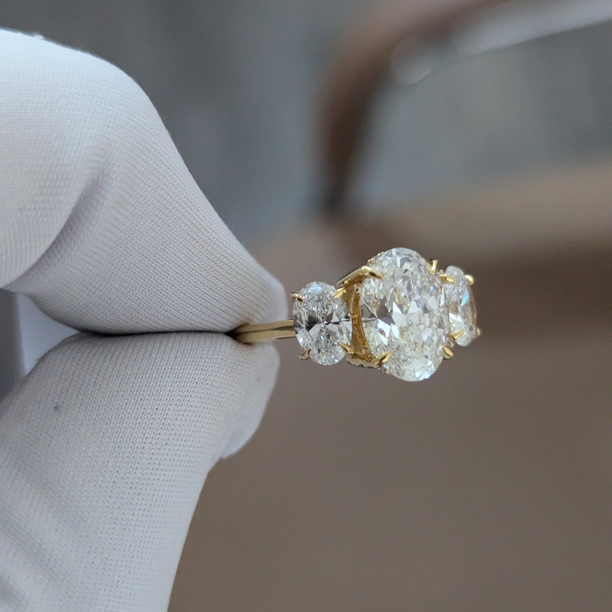 3.65tcw Oval Lab Diamond 3-Stone Engagement Ring | Hidden Halo | IGI Certified | Yellow Gold