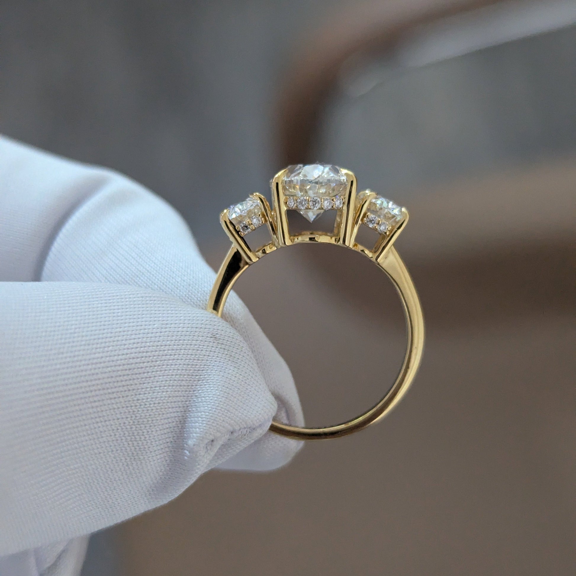 3.65tcw Oval Lab Diamond 3-Stone Engagement Ring | Hidden Halo | IGI Certified | Yellow Gold