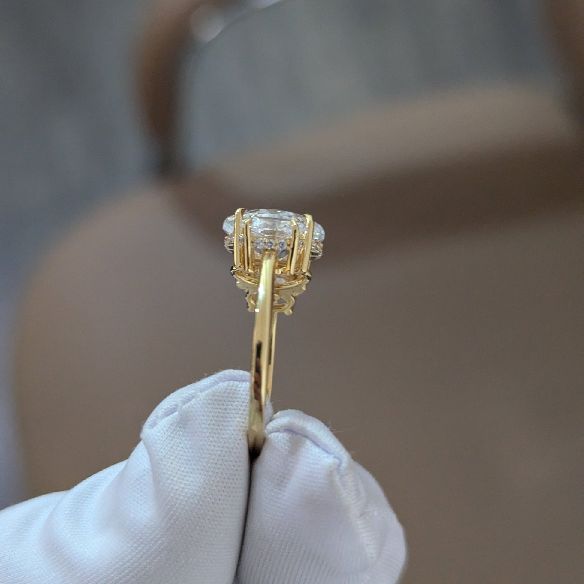 3.65tcw Oval Lab Diamond 3-Stone Engagement Ring | Hidden Halo | IGI Certified | Yellow Gold