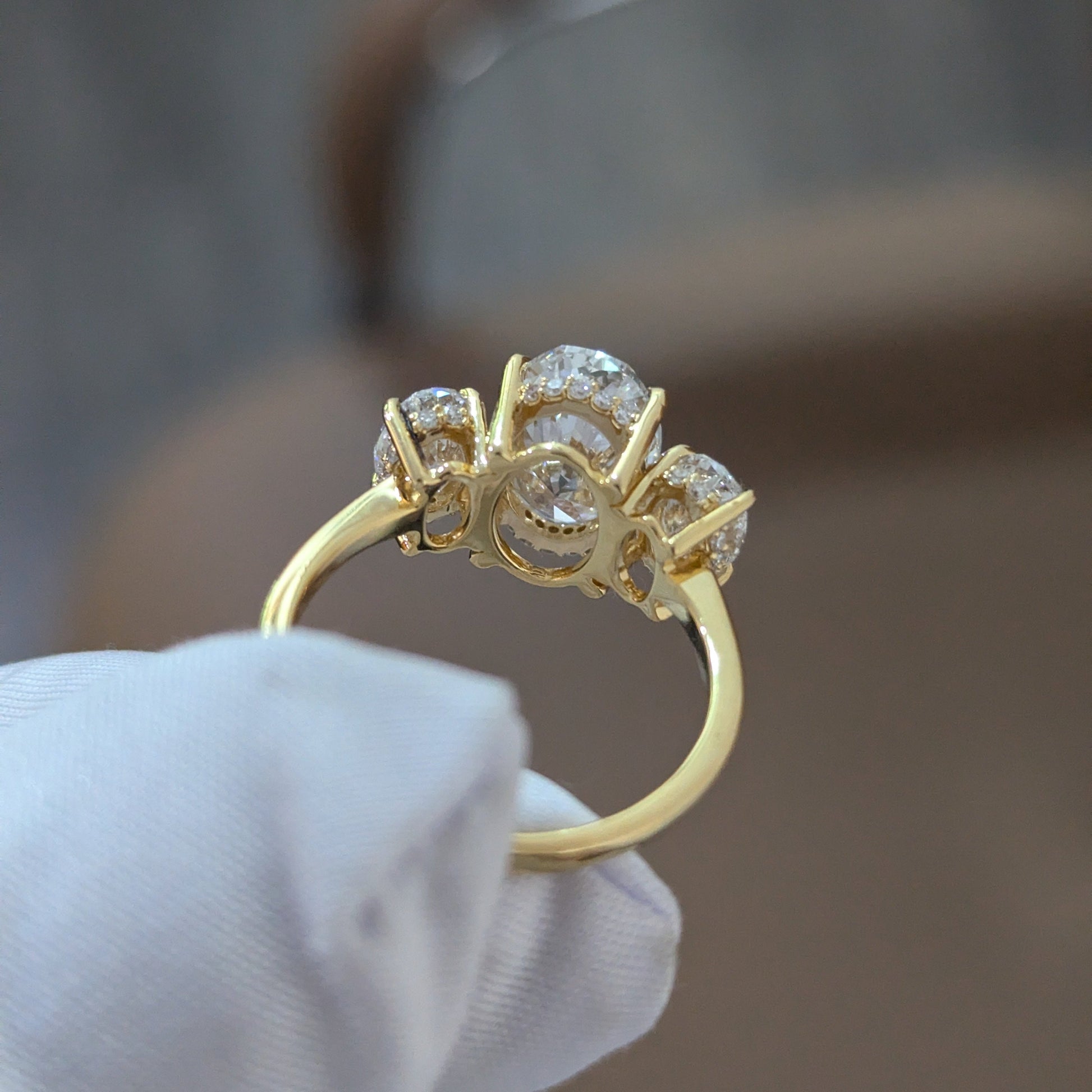 3.65tcw Oval Lab Diamond 3-Stone Engagement Ring | Hidden Halo | IGI Certified | Yellow Gold