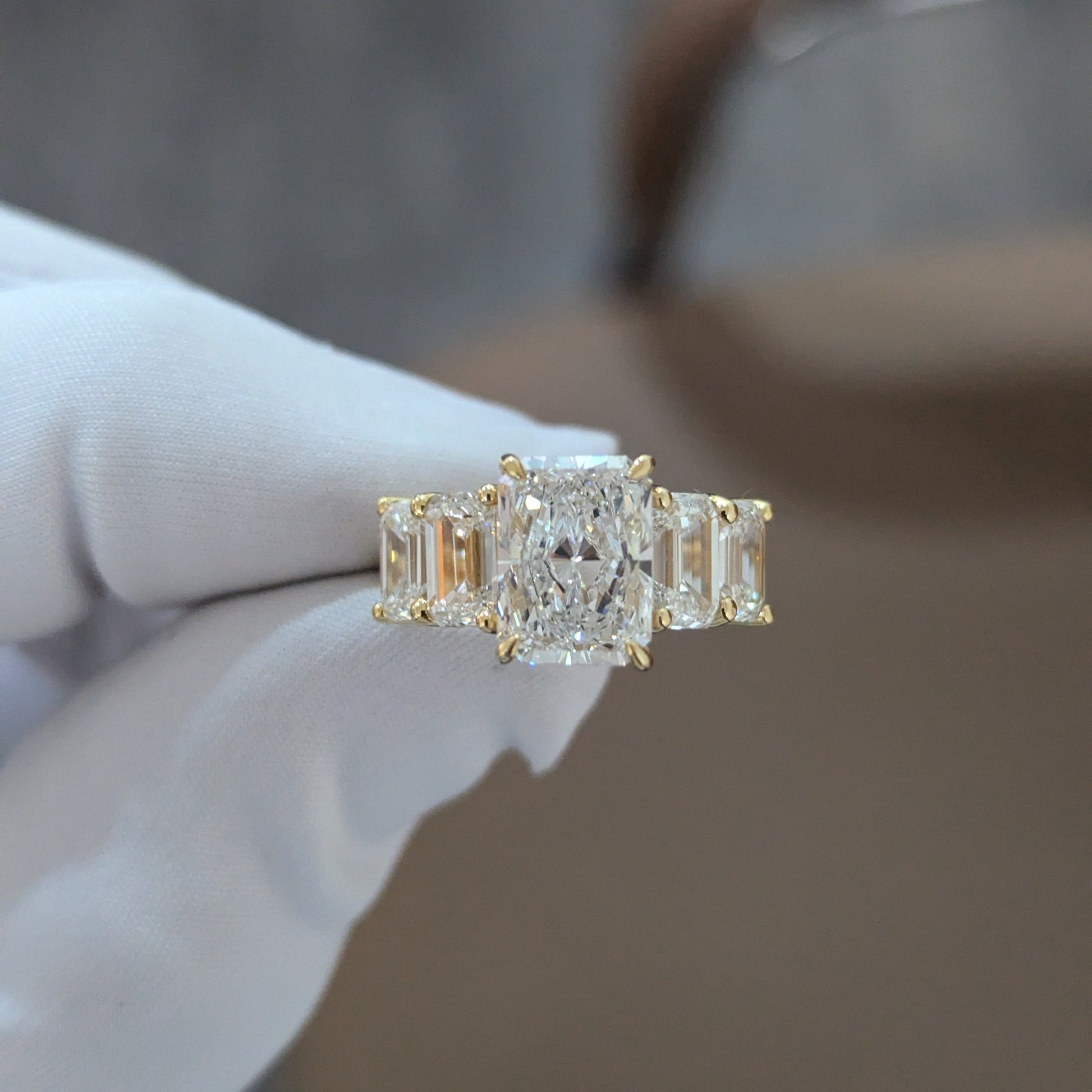 6.50tcw Radiant Lab Diamond Engagement Ring | Emerald Side Stones | IGI Certified