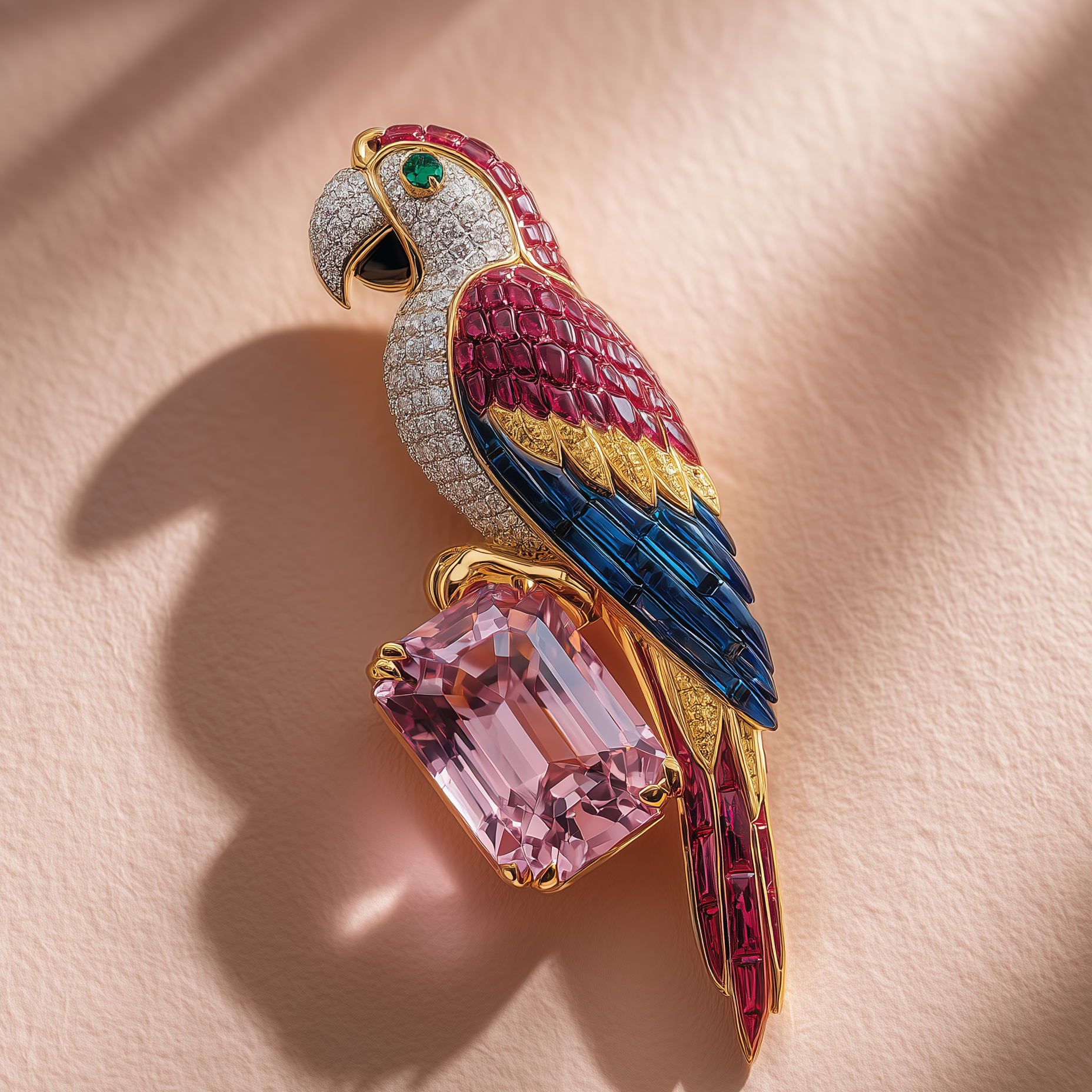 Pink Radiance Parrot Lab Grown Diamond Brooch | IGI Certified | EF VS & Vivid Pink VS1 | 14KT Yellow Gold Luxury Statement Pin