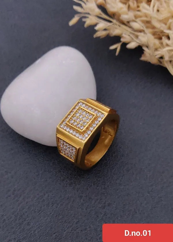 Luxury Gold Plated Square in Square Design Men's Ring with Diamond Stone