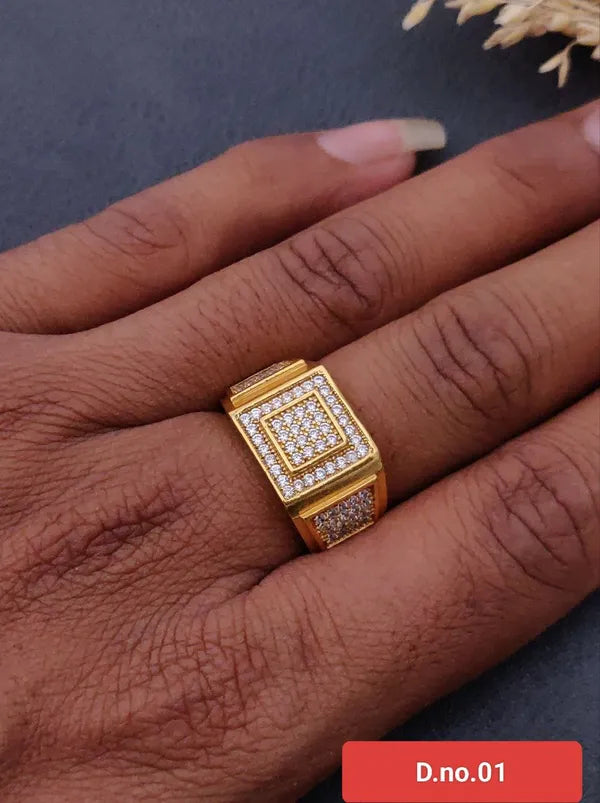Luxury Gold Plated Square in Square Design Men's Ring with Diamond Stone
