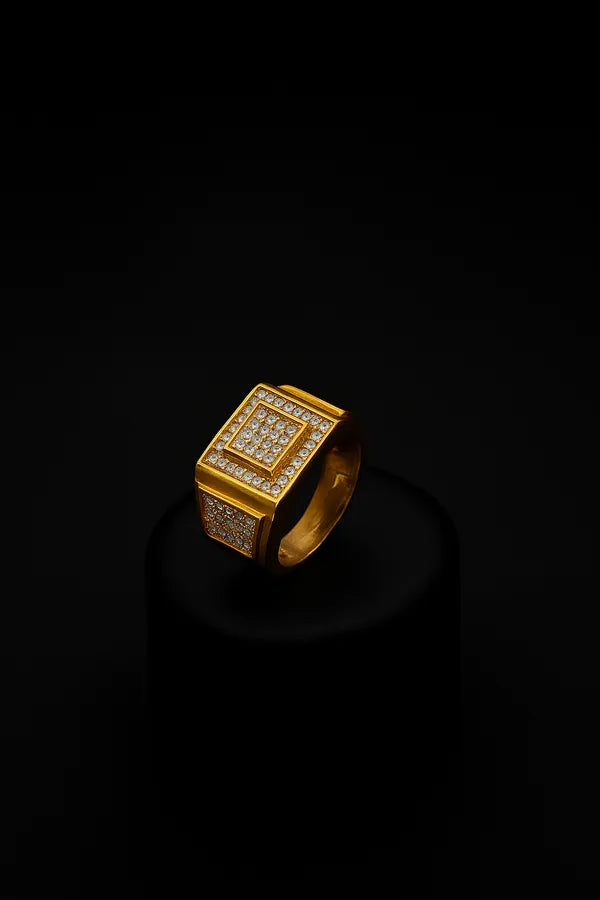 Luxury Gold Plated Square in Square Design Men's Ring with Diamond Stone