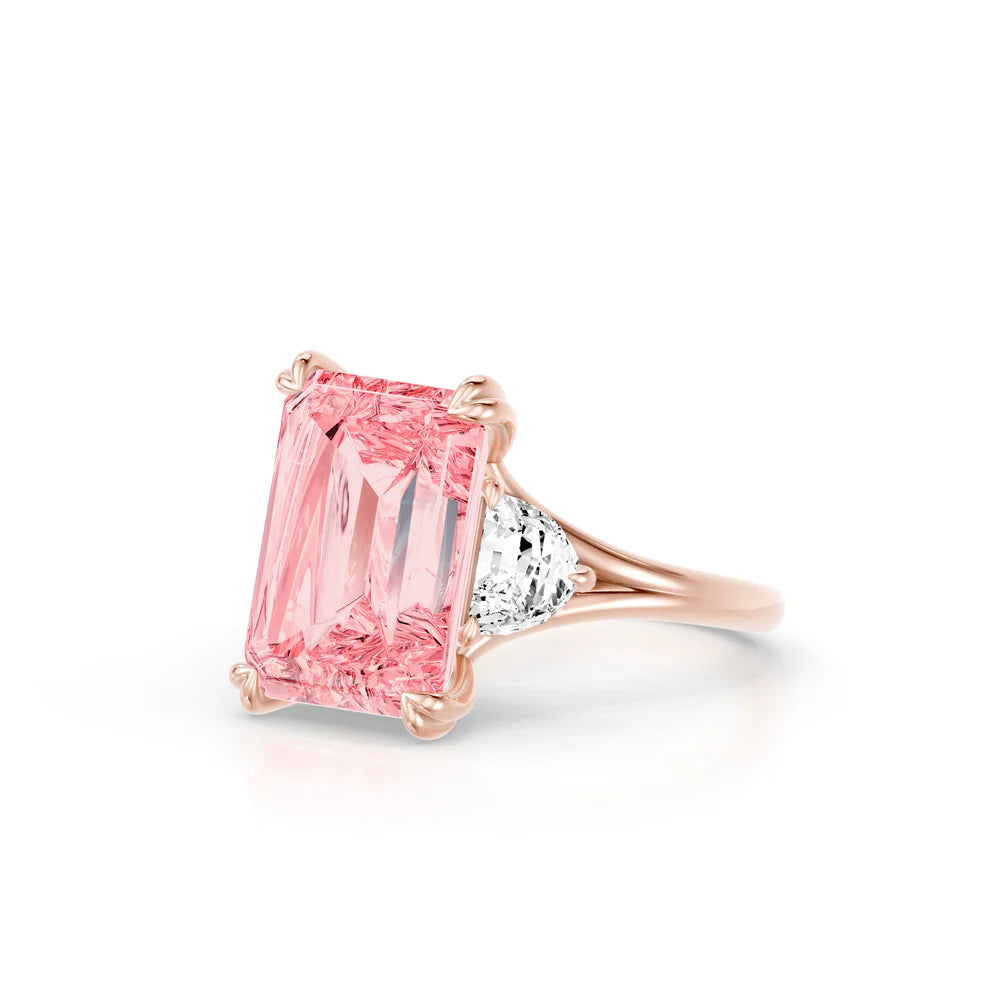 Common :: pink emerald cut lab grown diamond three stone ring luxury engagement ring