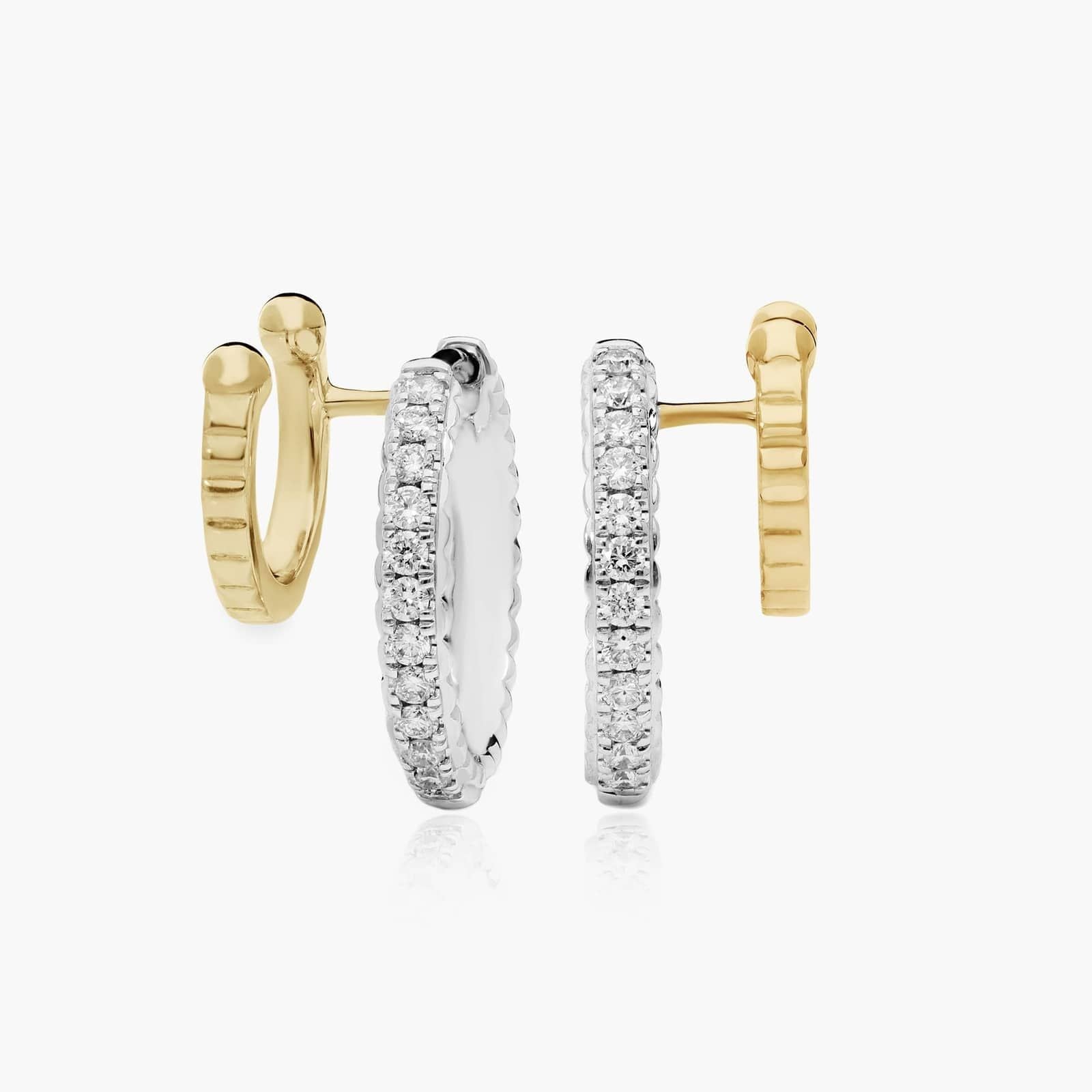 Common:::: two tone lab grown diamond climber huggie earrings modern stacked ear design white and yellow gold fine jewelry