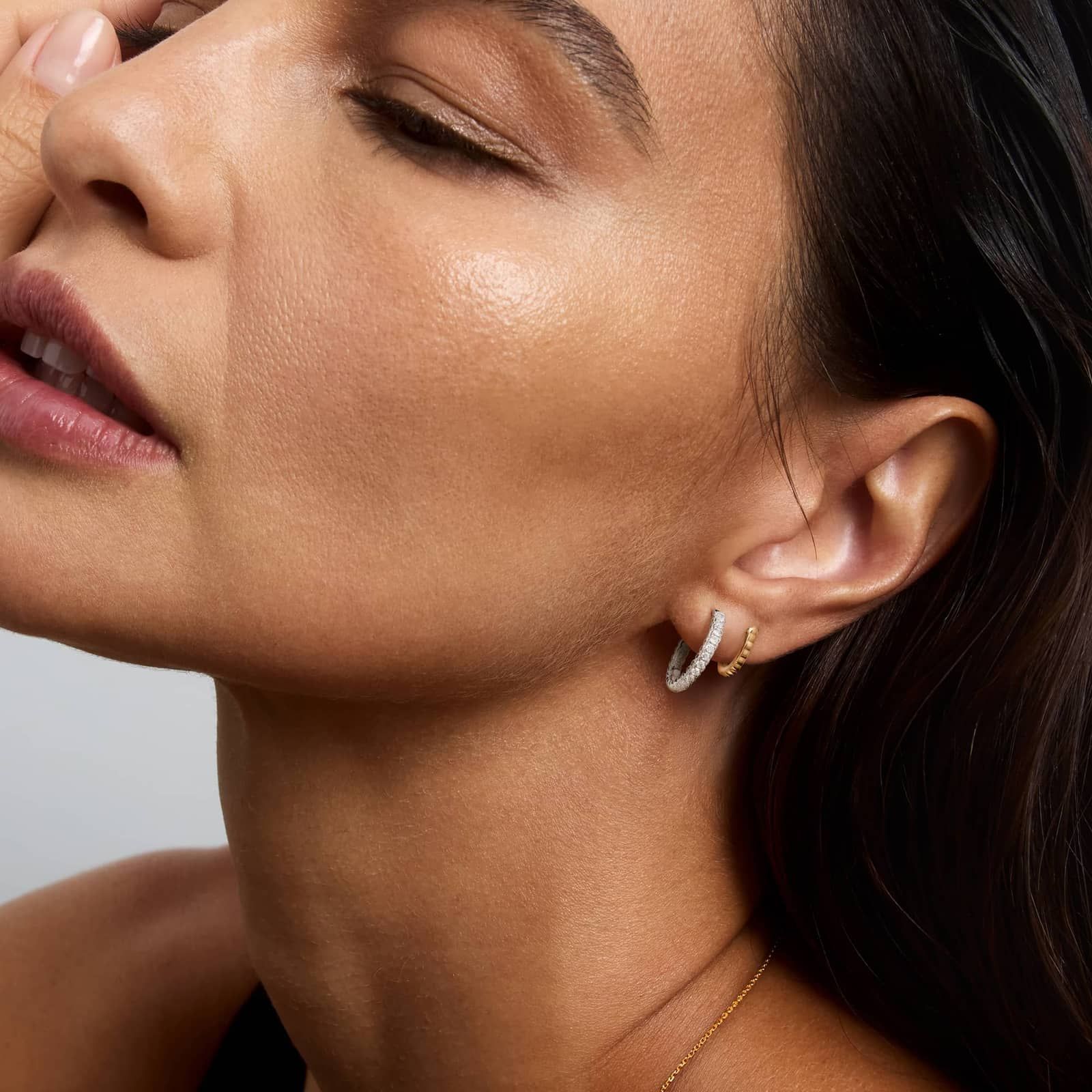 Common :: lab grown diamond climber huggie earrings two tone metal design white gold and yellow gold contemporary jewelry