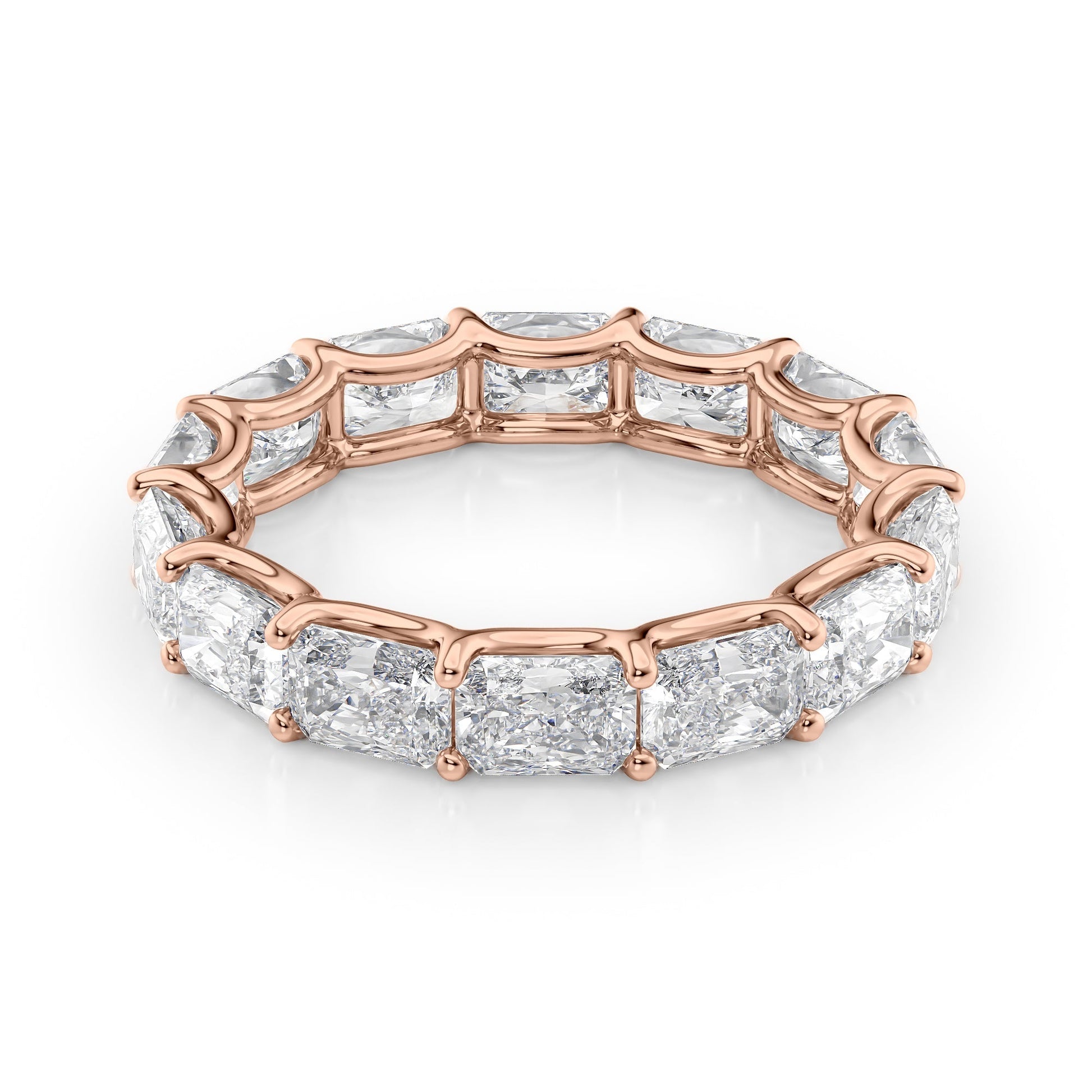 Rose :: Lunentia 4ct east west radiant u prong lab grown diamond eternity ring IGI certified rose gold ultra luxury band