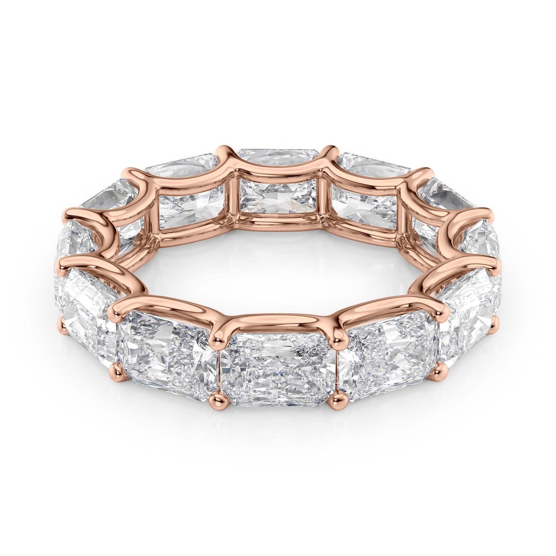 Rose :: Lunentia 6ct east west radiant u prong lab grown diamond eternity ring IGI certified rose gold ultra luxury band