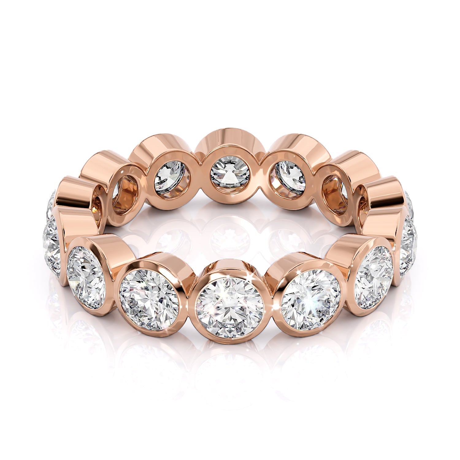 Rose :: Seriquea 3ct round bezel lab grown diamond eternity ring IGI certified rose gold luxury wedding band
