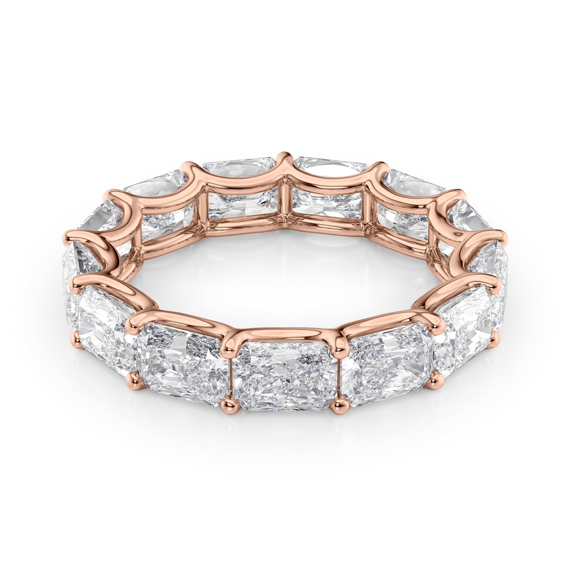 Rose :: Lunentia 5ct east west radiant u prong lab grown diamond eternity ring IGI certified rose gold ultra luxury band