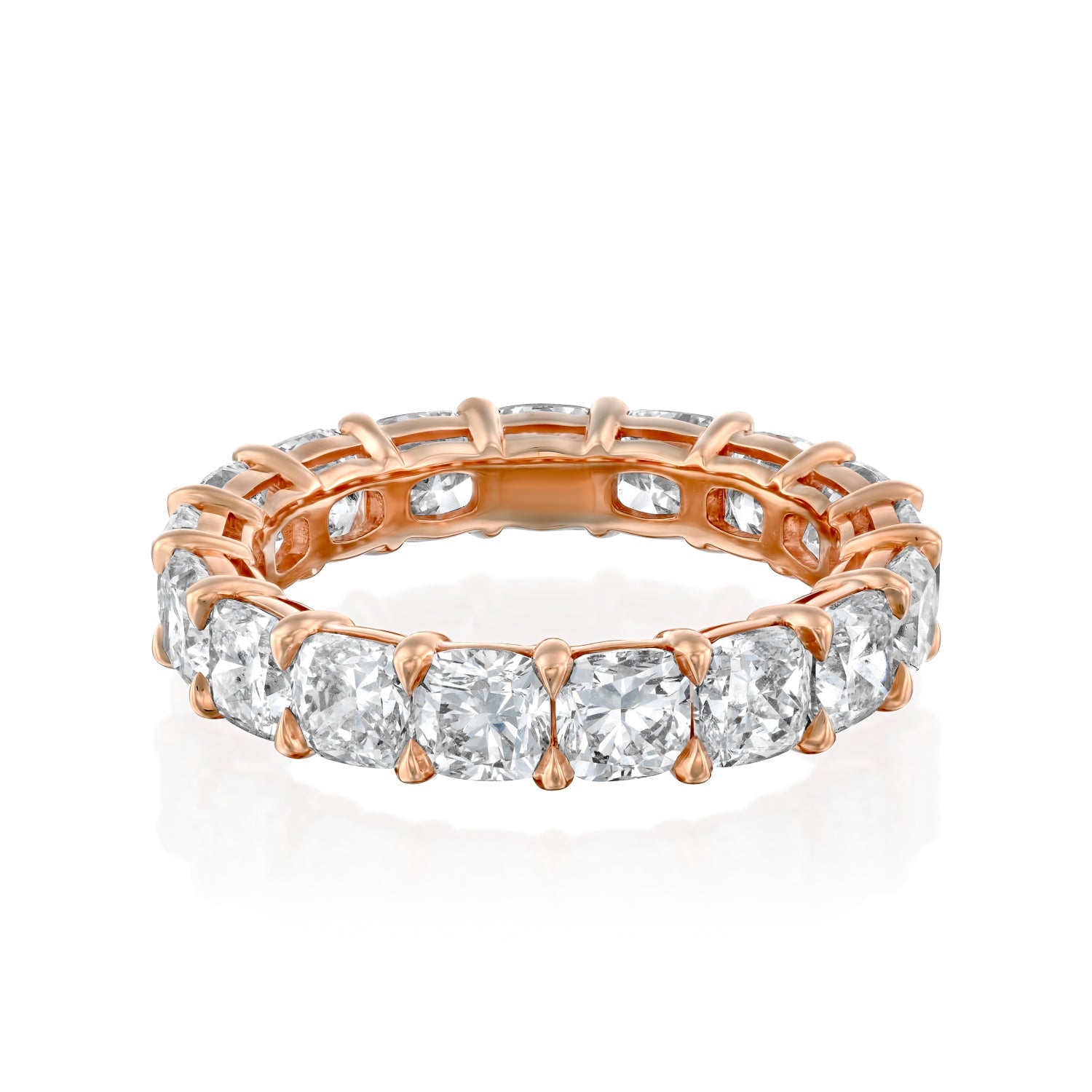 Rose :: Zenvellae 5ct cushion lab grown diamond eternity ring IGI certified rose gold ultra luxury wedding band