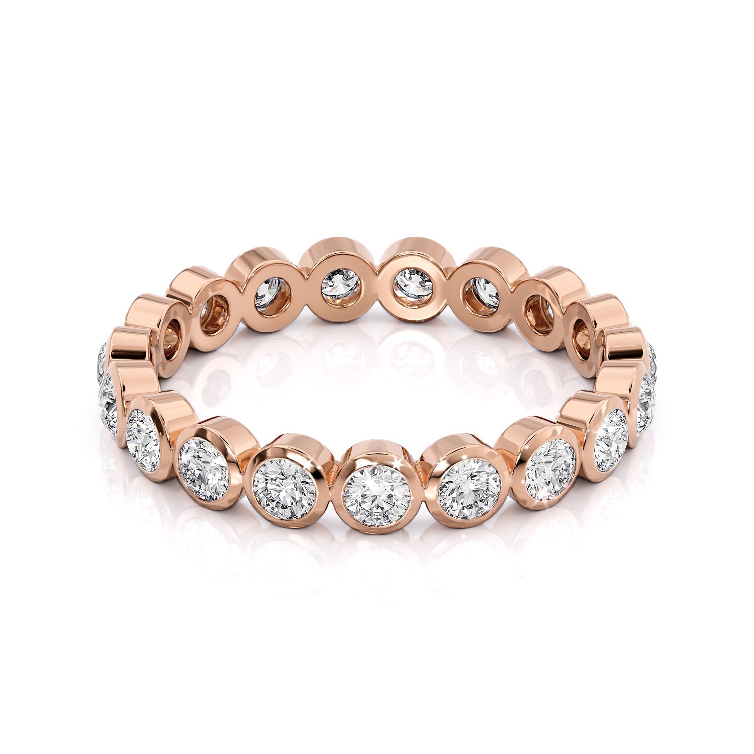 Rose :: Seriquea 1ct round bezel lab grown diamond eternity ring IGI certified rose gold wedding band