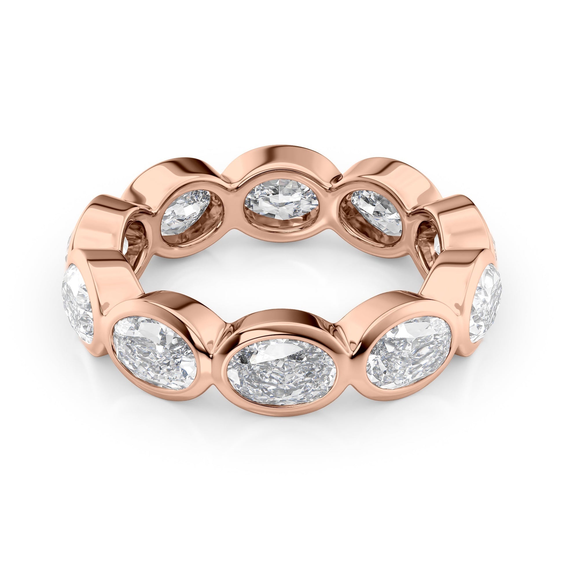Rose :: Velmiquea 4ct oval east west bezel lab grown diamond eternity ring IGI certified rose gold ultra luxury band
