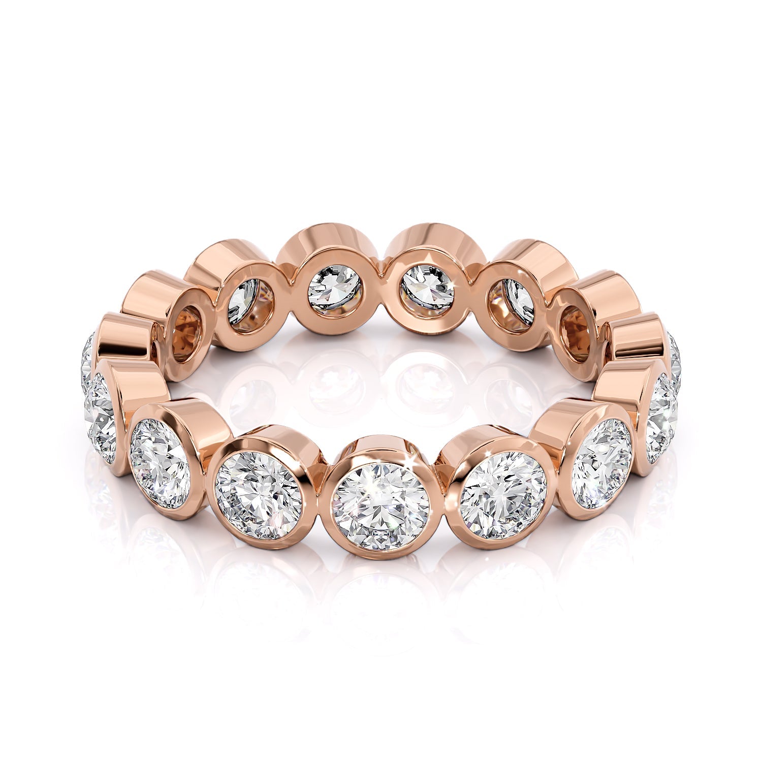 Rose :: Seriquea 2ct round bezel lab grown diamond eternity ring IGI certified rose gold wedding band