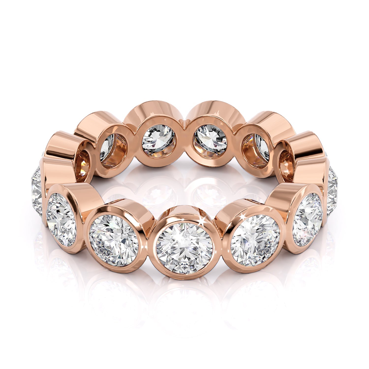 Rose :: Seriquea 3.5ct round bezel lab grown diamond eternity ring IGI certified rose gold luxury wedding band