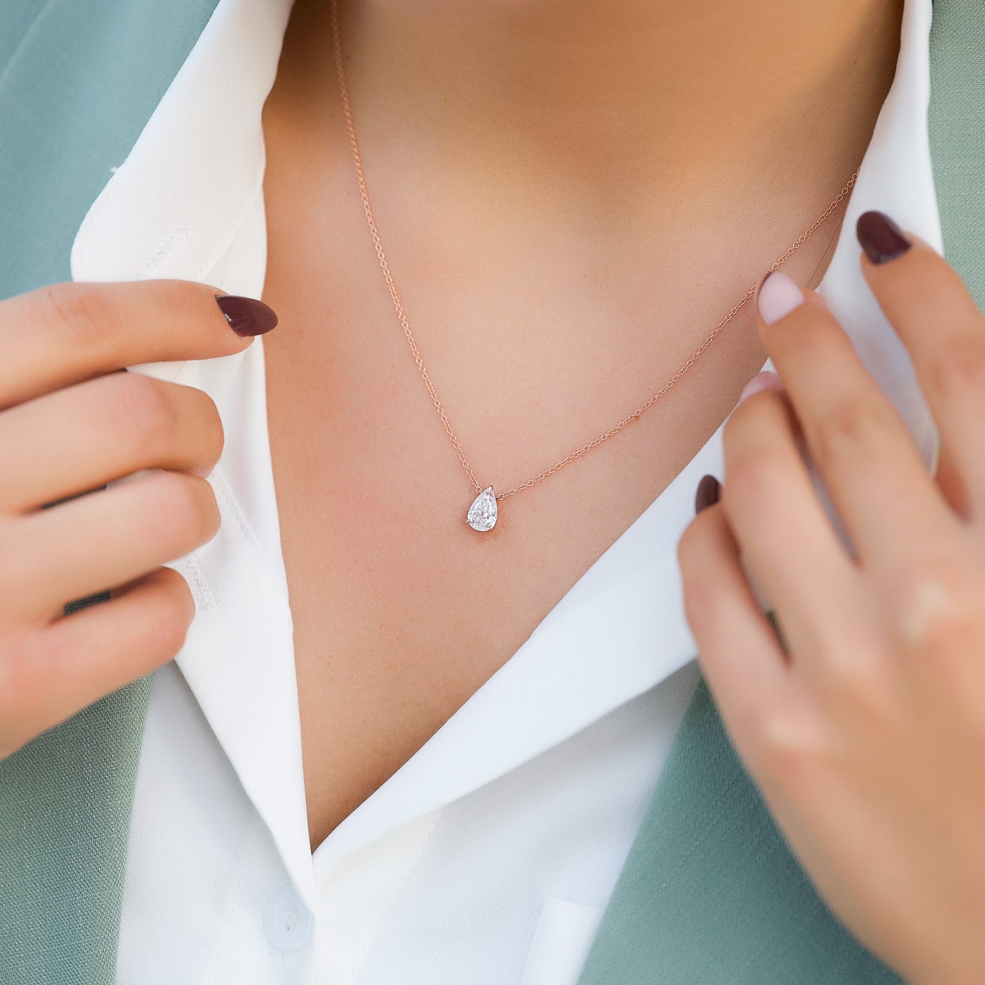 rose :: 1 carat pear cut lab diamond necklace in rose gold