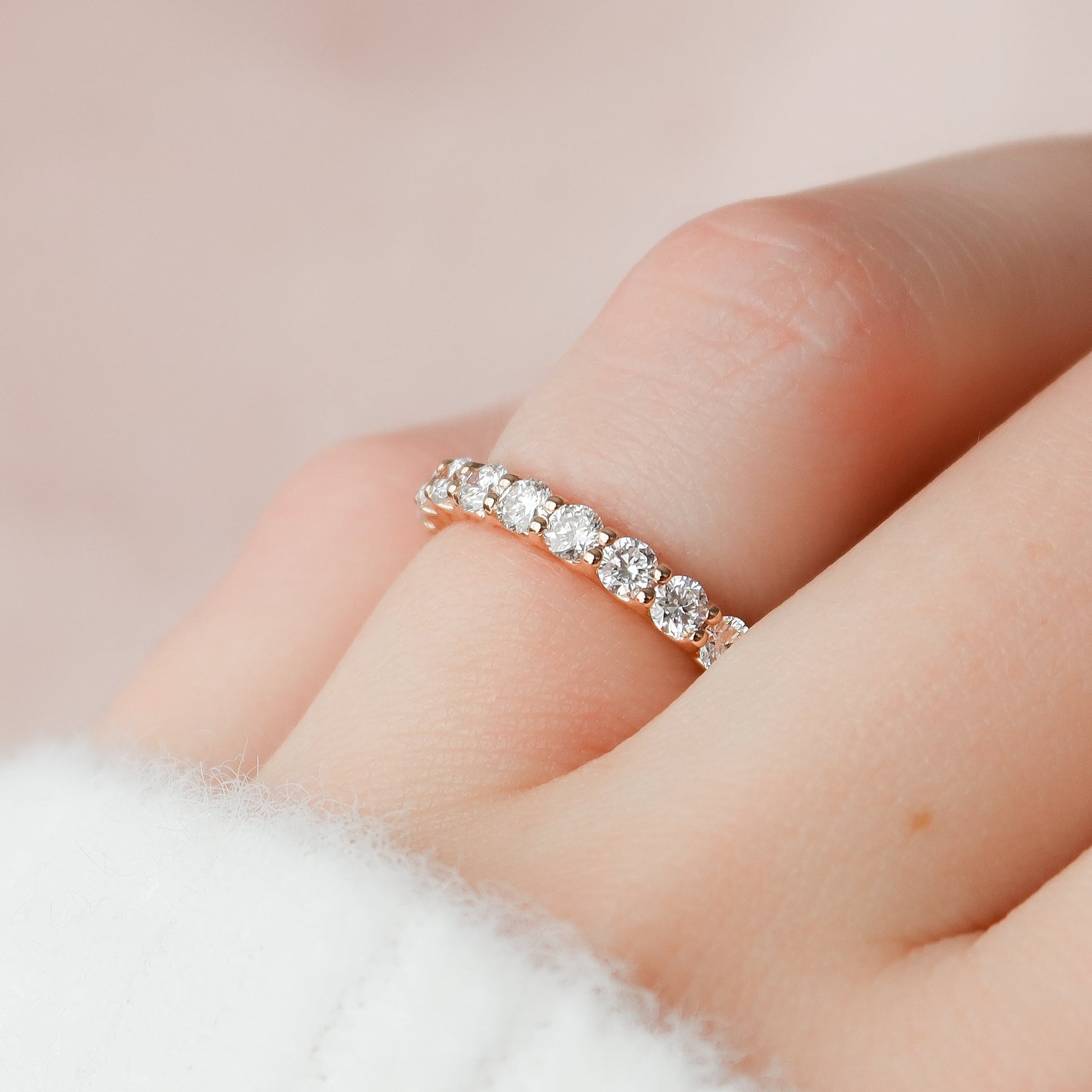 Rose :: 2 carat round lab diamond trellis eternity ring rose gold full diamond band