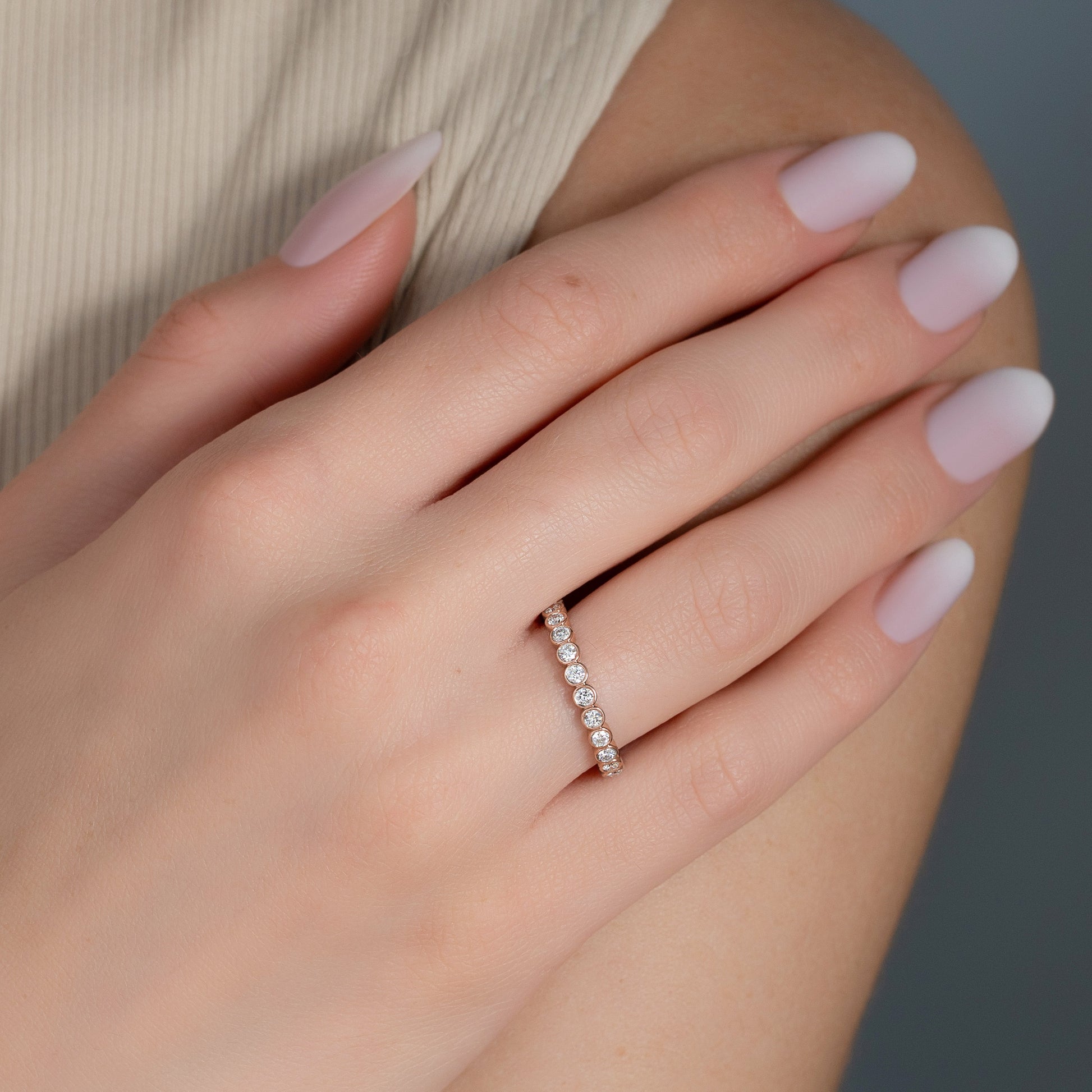 Rose :: IGI certified 0.5ct round lab grown diamond bezel eternity ring rose gold minimalist band