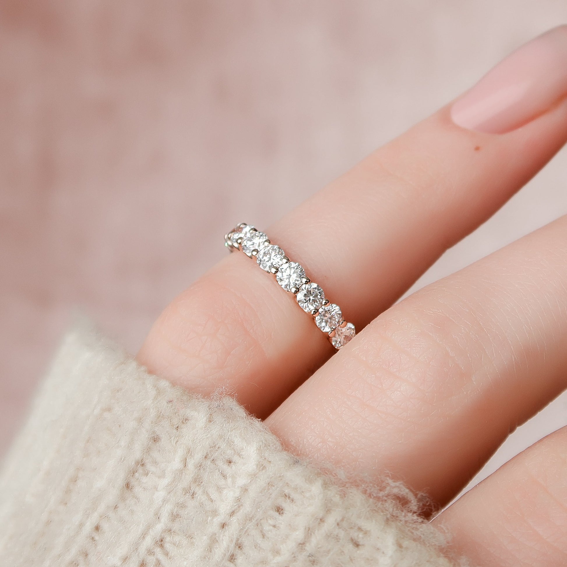 Rose :: 2 carat round u prong lab diamond eternity ring rose gold full diamond band