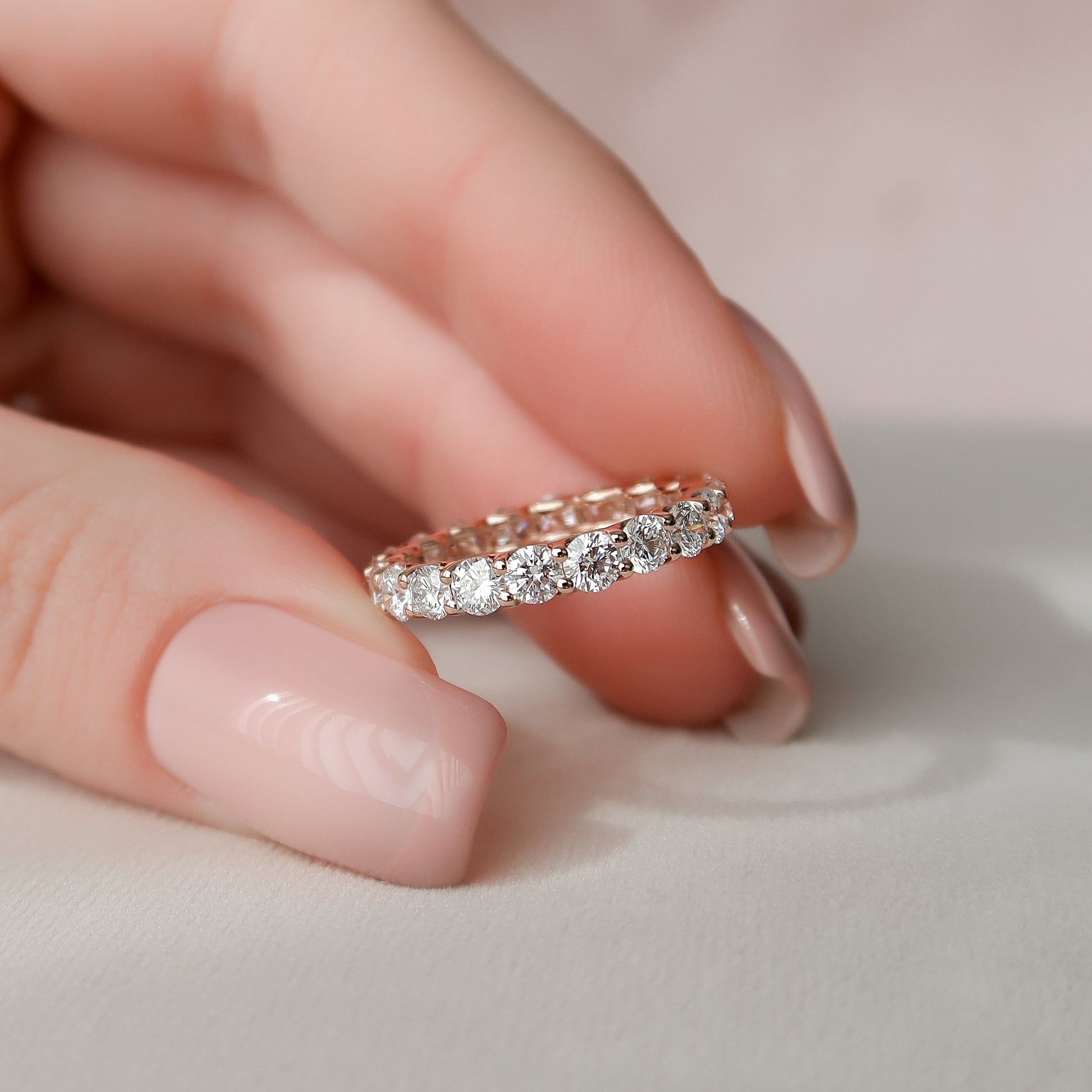 Rose :: IGI certified 2ct round lab grown diamond u prong eternity ring rose gold open setting