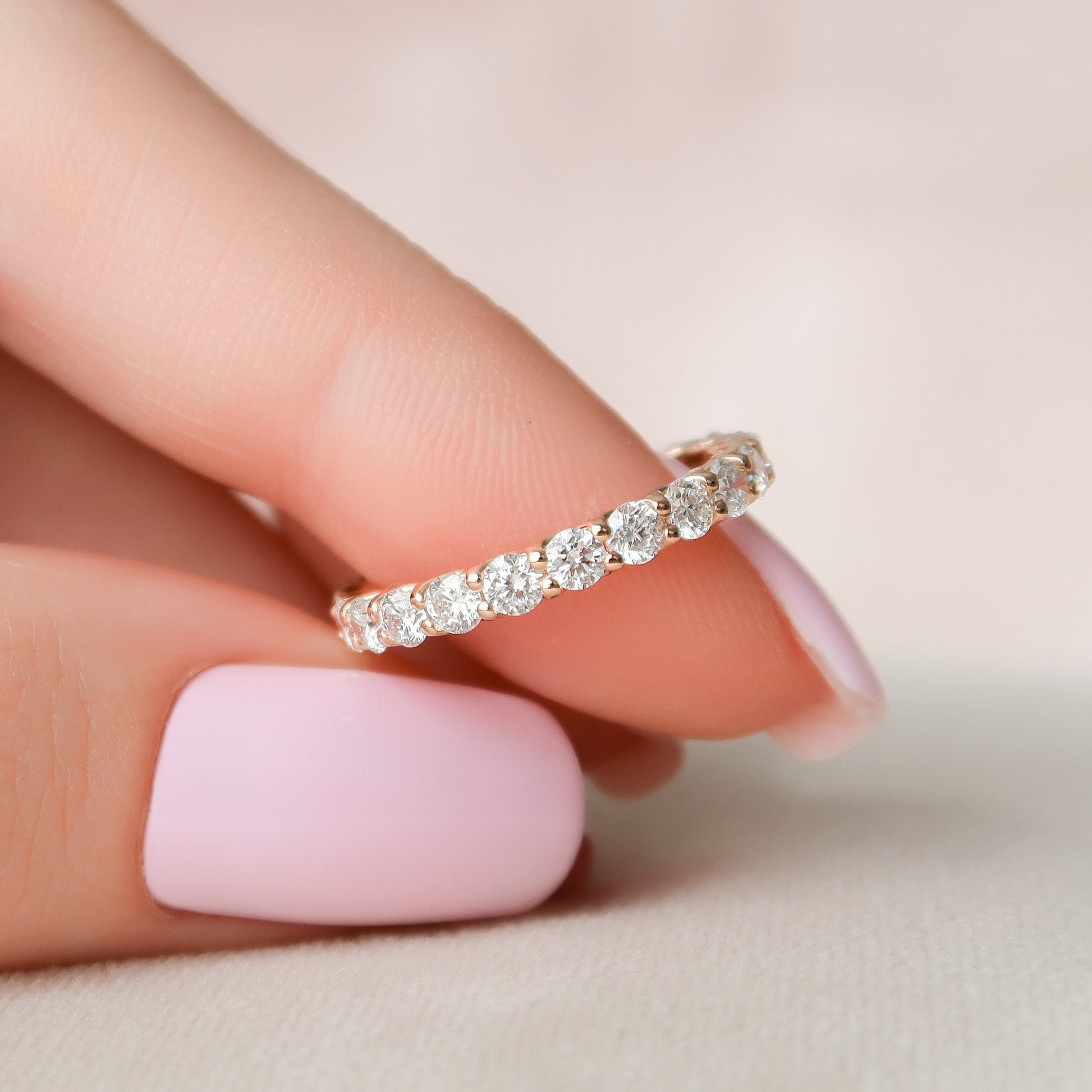 Rose :: IGI certified 2ct round lab grown diamond eternity ring rose gold trellis design