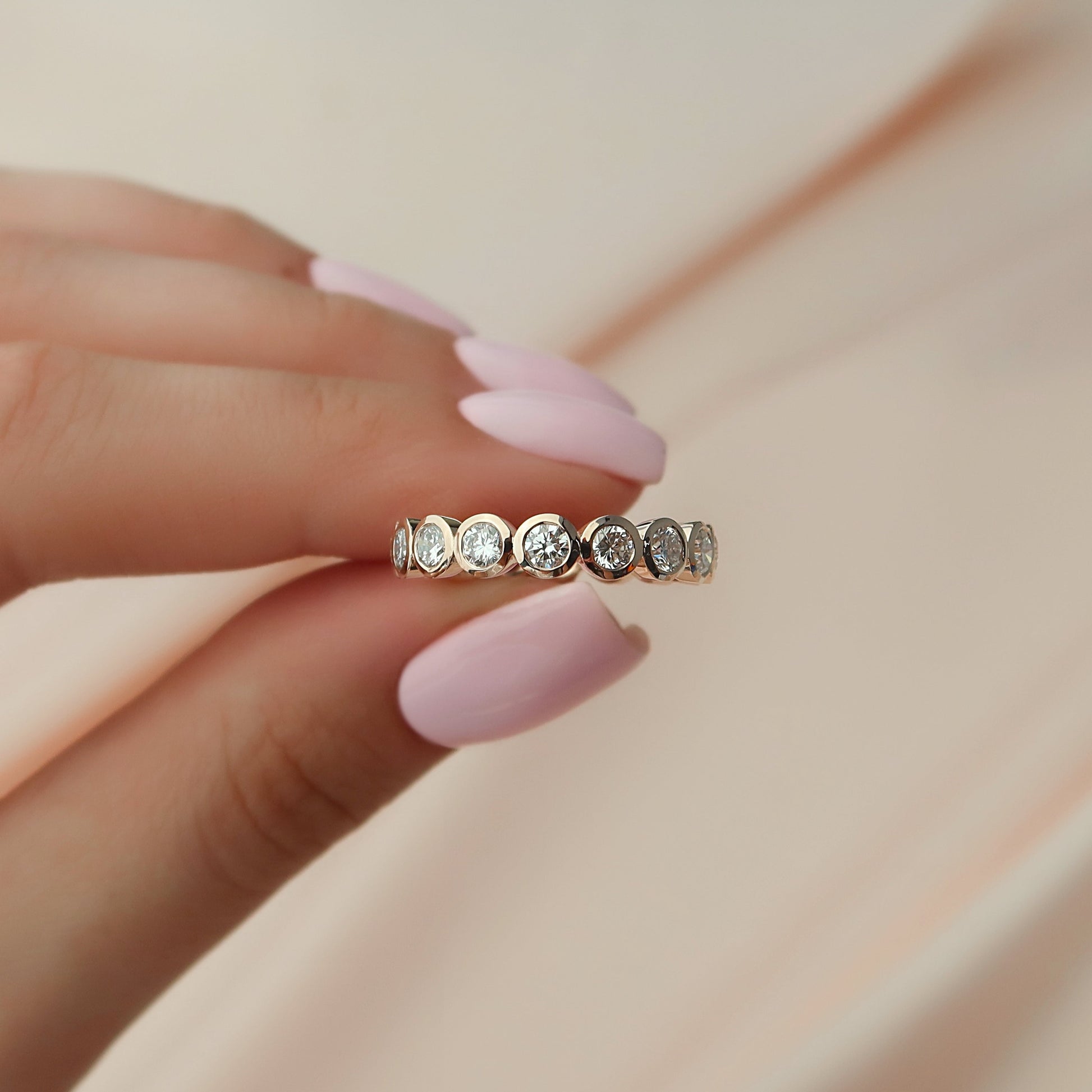 Rose :: IGI certified 2ct round lab grown diamond bezel eternity ring rose gold stackable band