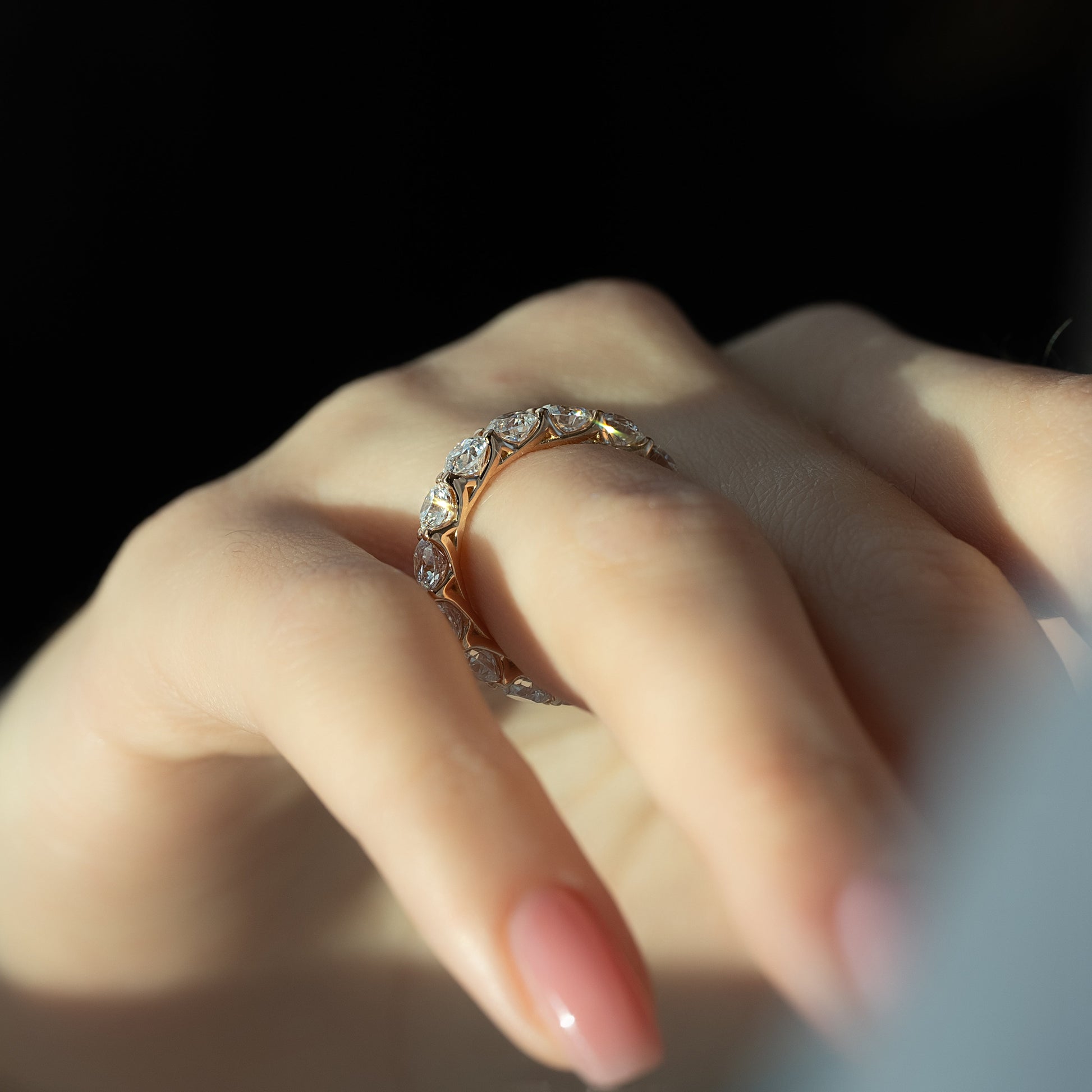 Rose :: IGI certified 4ct round lab grown diamond eternity ring rose gold trellis design