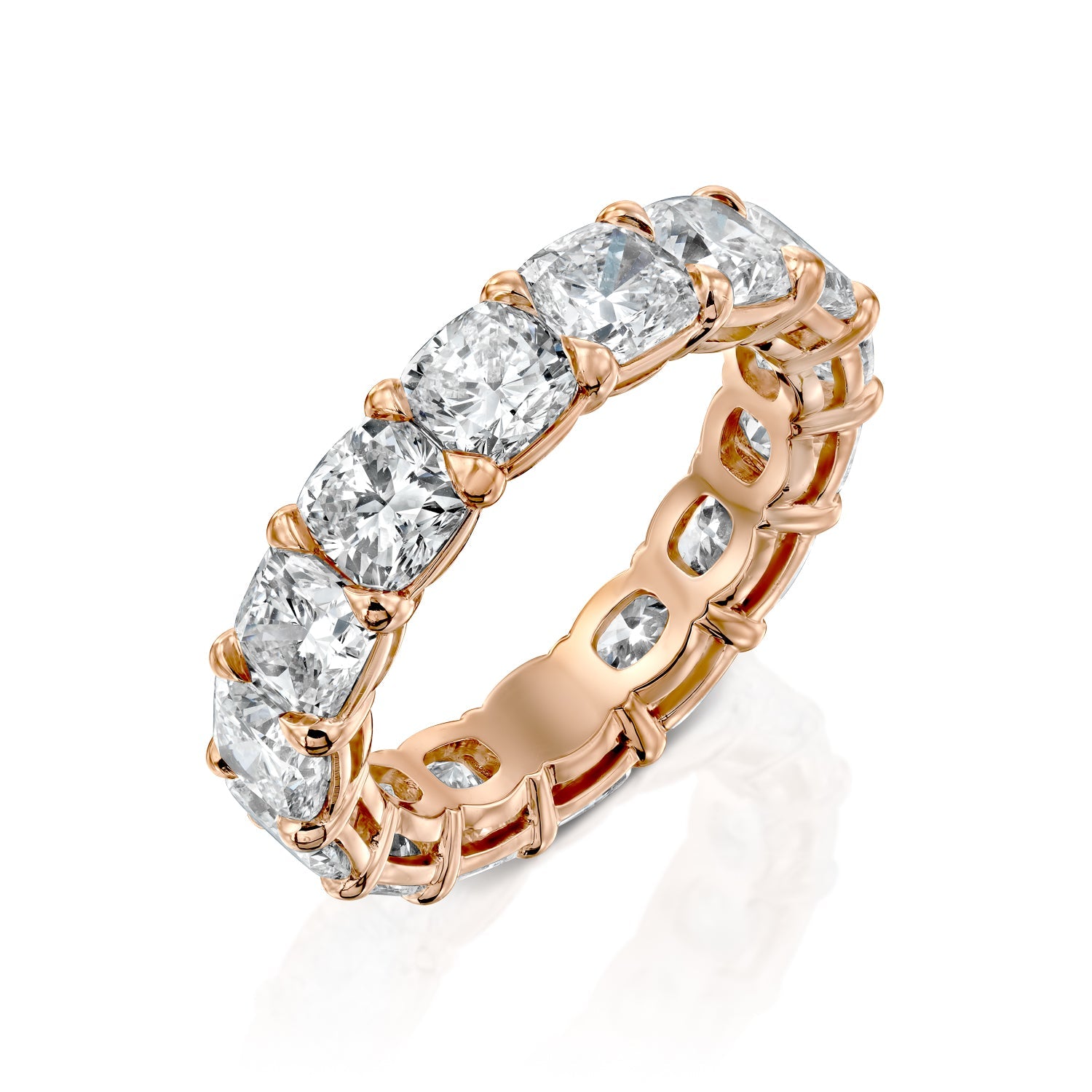 Rose :: 8 carat cushion cut lab diamond eternity ring rose gold full diamond band