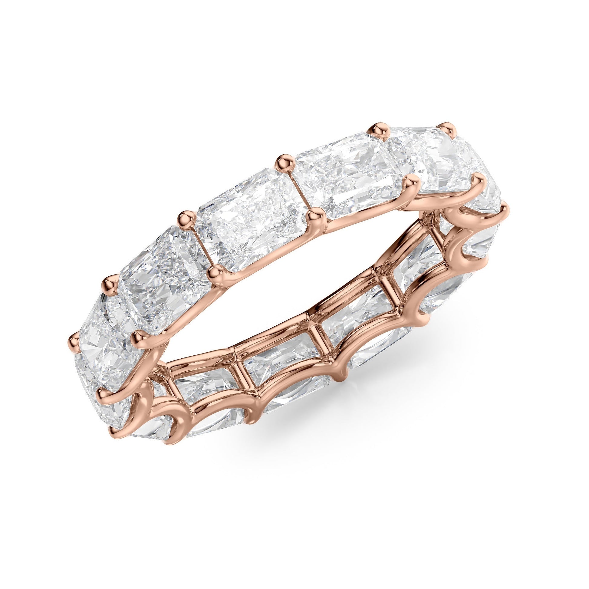 Rose :: close sparkle 5ct east west radiant lab diamond eternity ring rose gold bold luxury tone