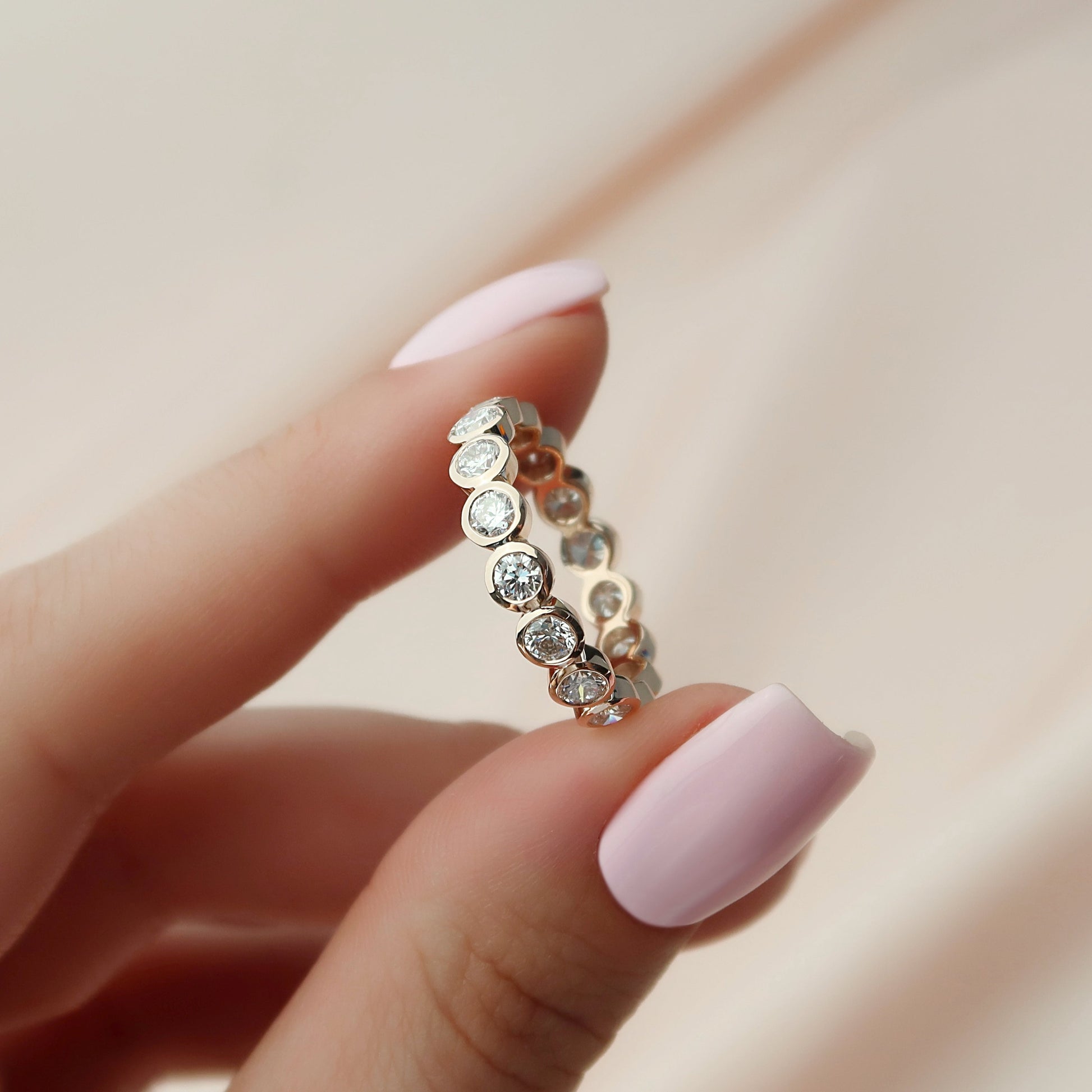 Rose :: close sparkle 2ct round bezel lab diamond eternity ring rose gold bold look