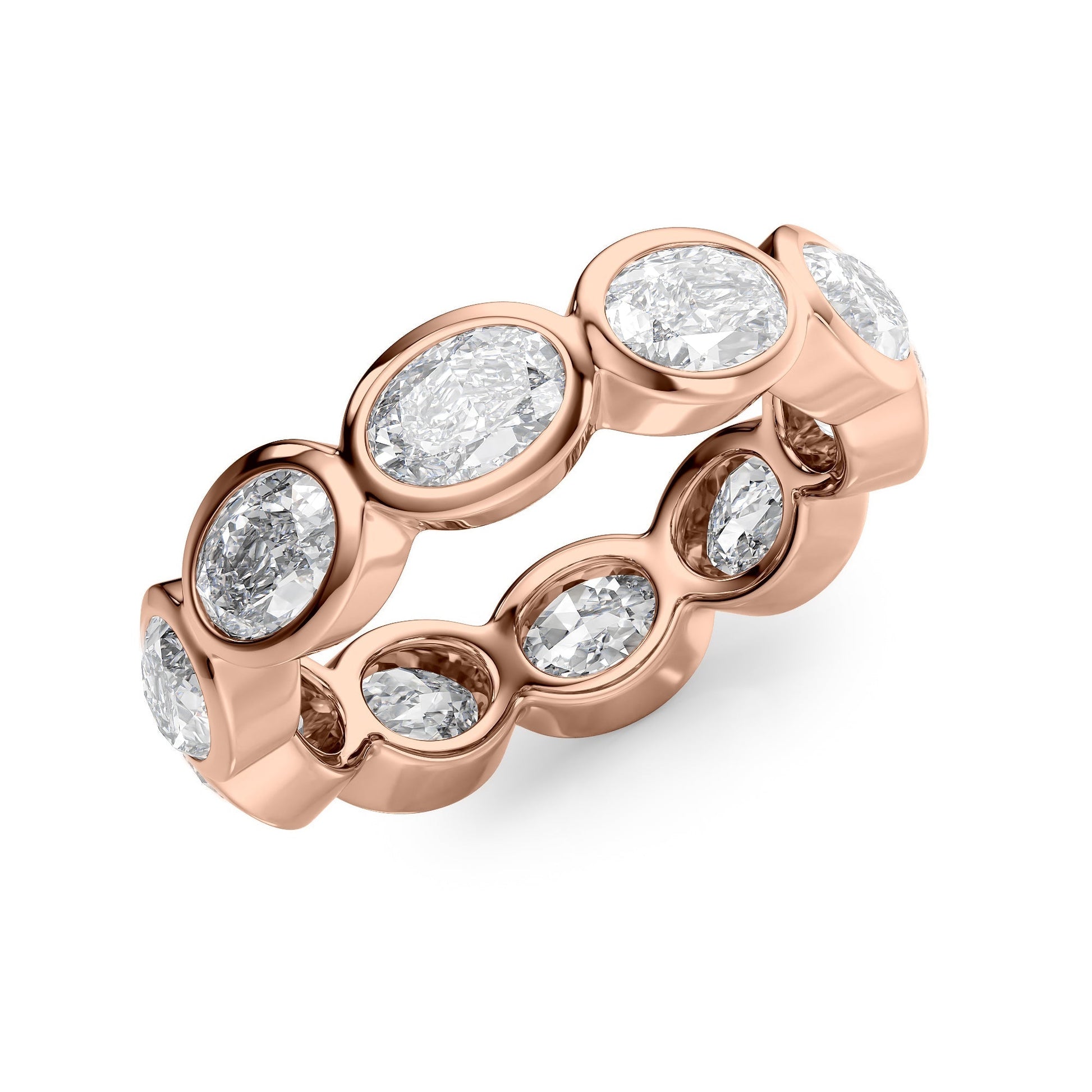 Rose :: close sparkle 4ct oval east west bezel lab diamond eternity ring rose gold warm luxury tone