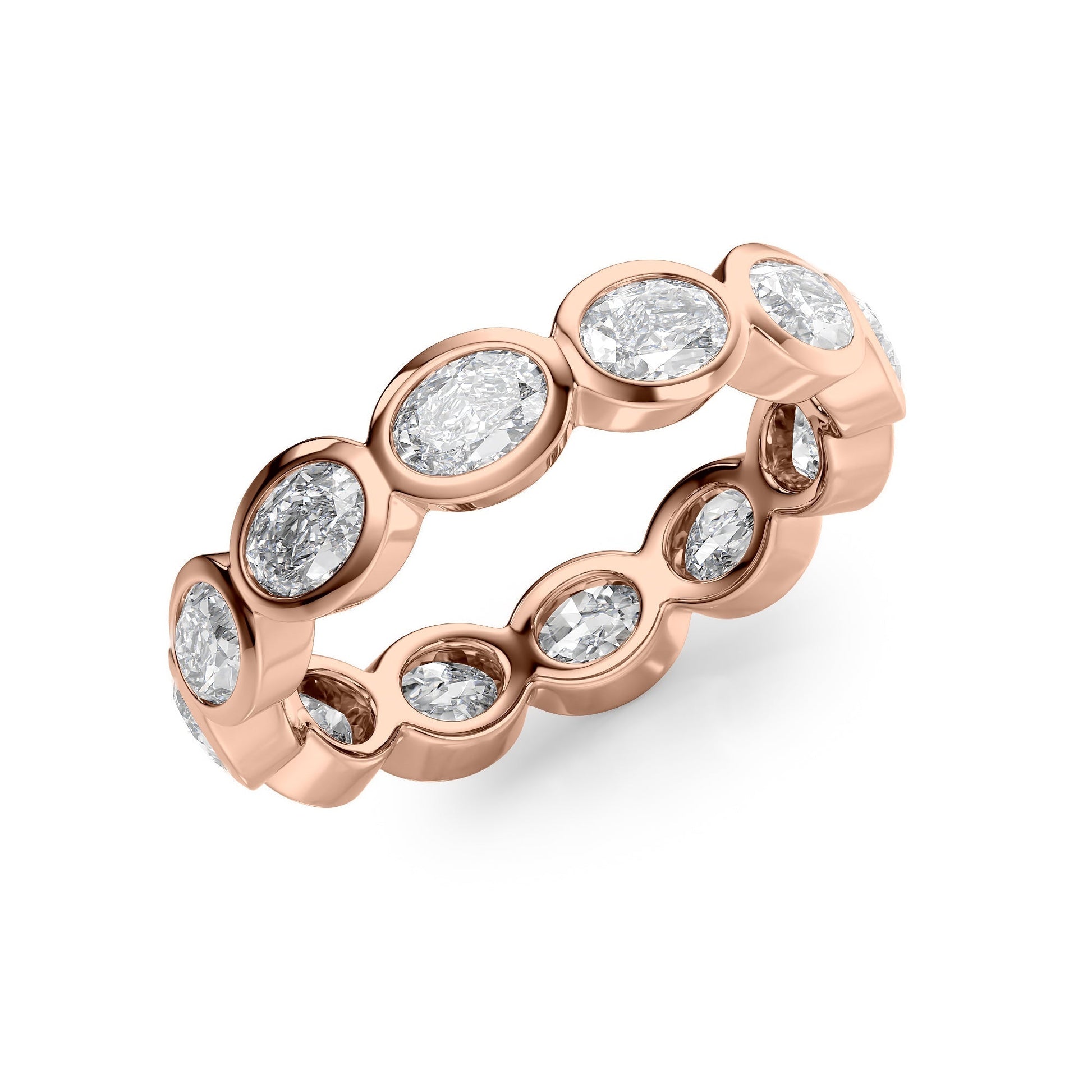 Rose :: close sparkle 2.4ct oval east west bezel lab diamond eternity ring rose gold warm tone