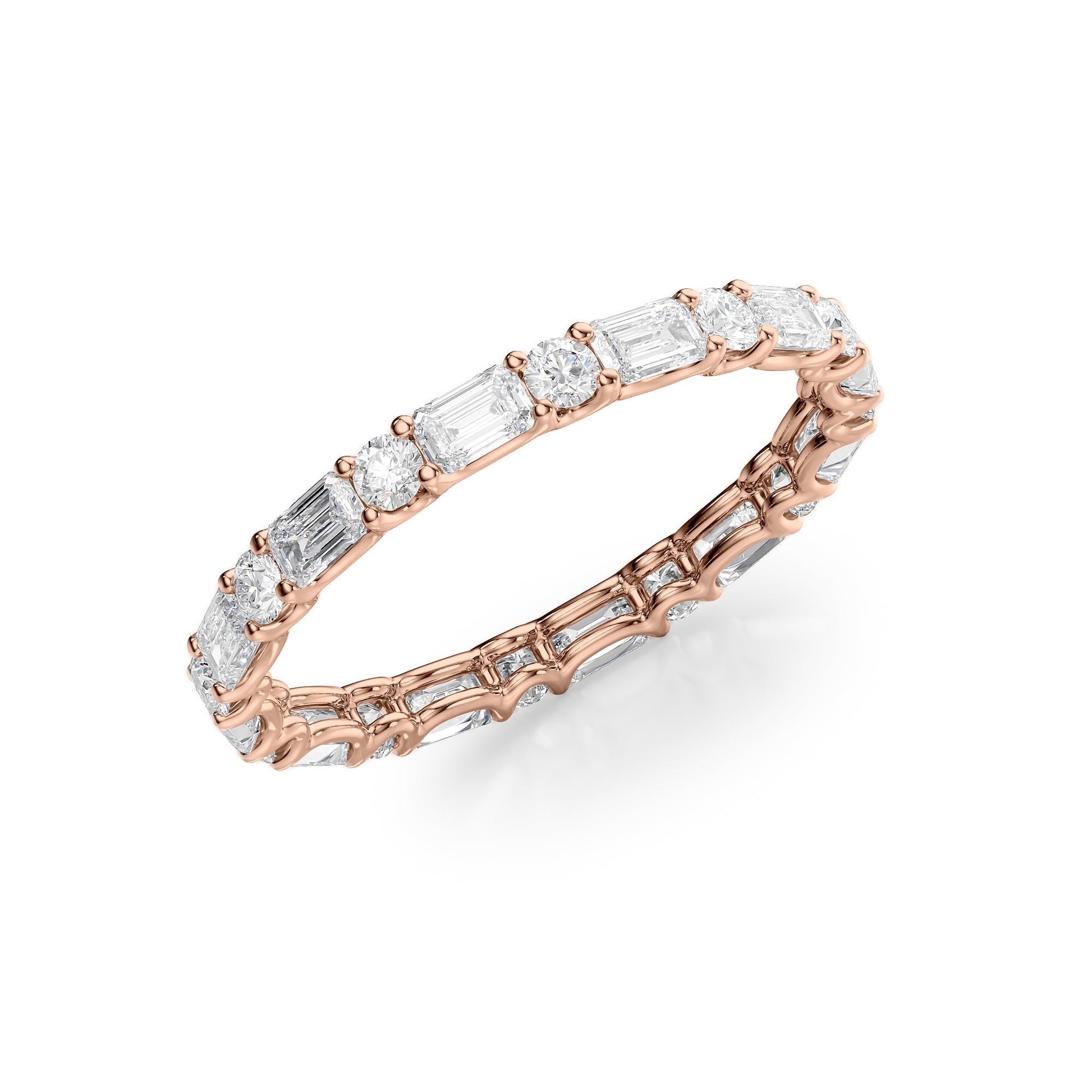 Rose :: IGI certified 1.5ct emerald and round lab grown diamond eternity ring rose gold open setting
