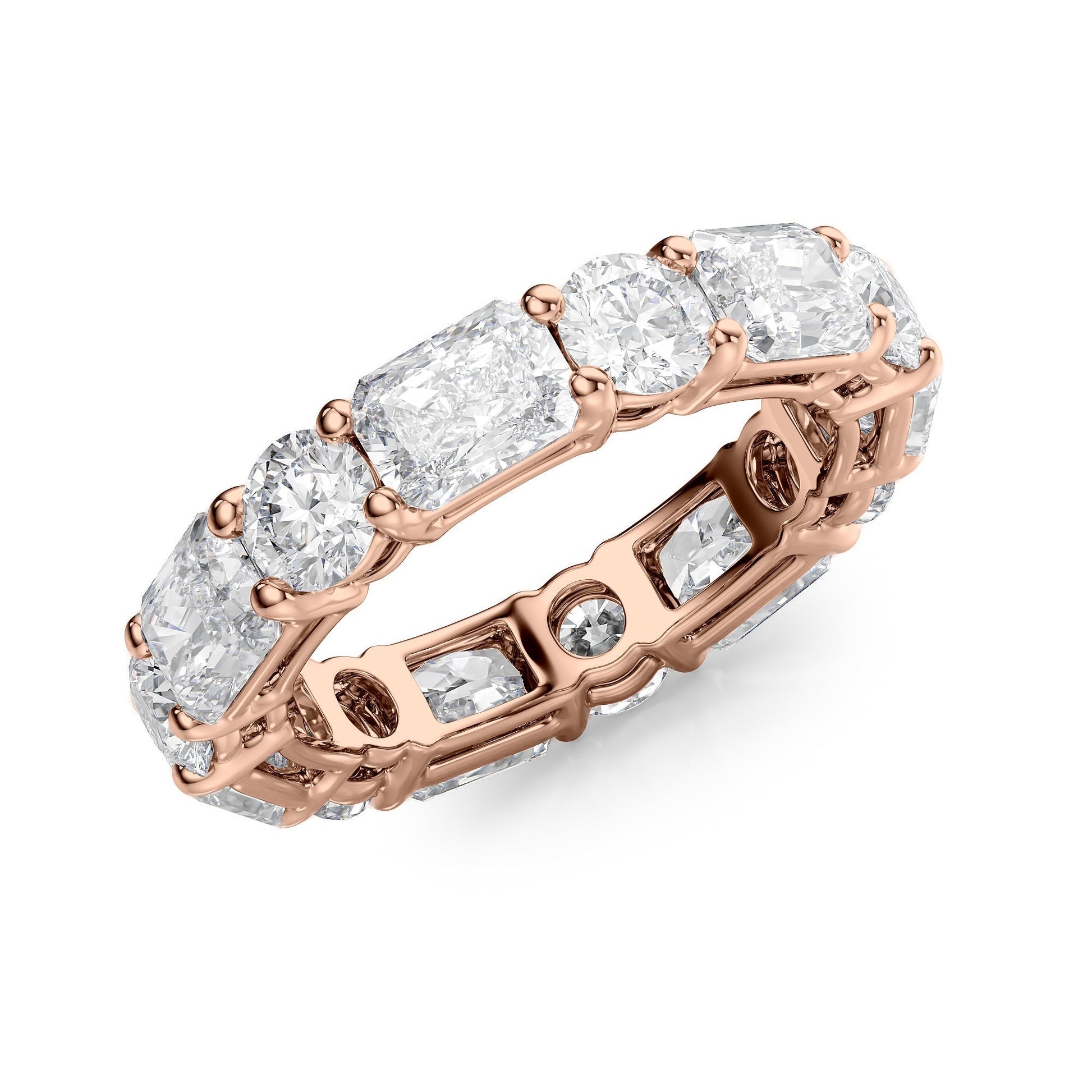 Rose :: close sparkle 5.7ct radiant and round lab diamond eternity ring rose gold bold luxury tone