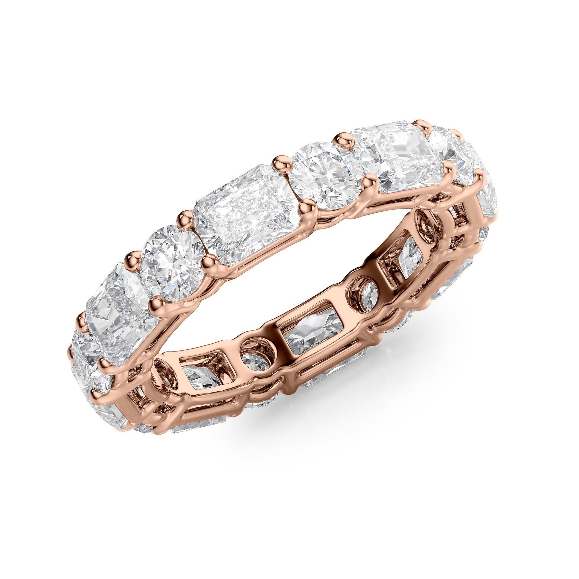 Rose :: close sparkle 4.6ct radiant and round lab diamond eternity ring rose gold bold luxury tone