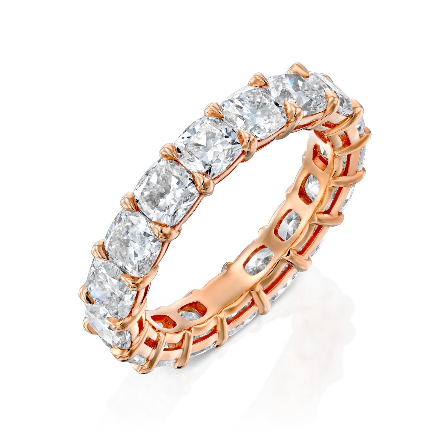 Rose :: close sparkle 5ct cushion lab diamond eternity ring rose gold warm luxury tone