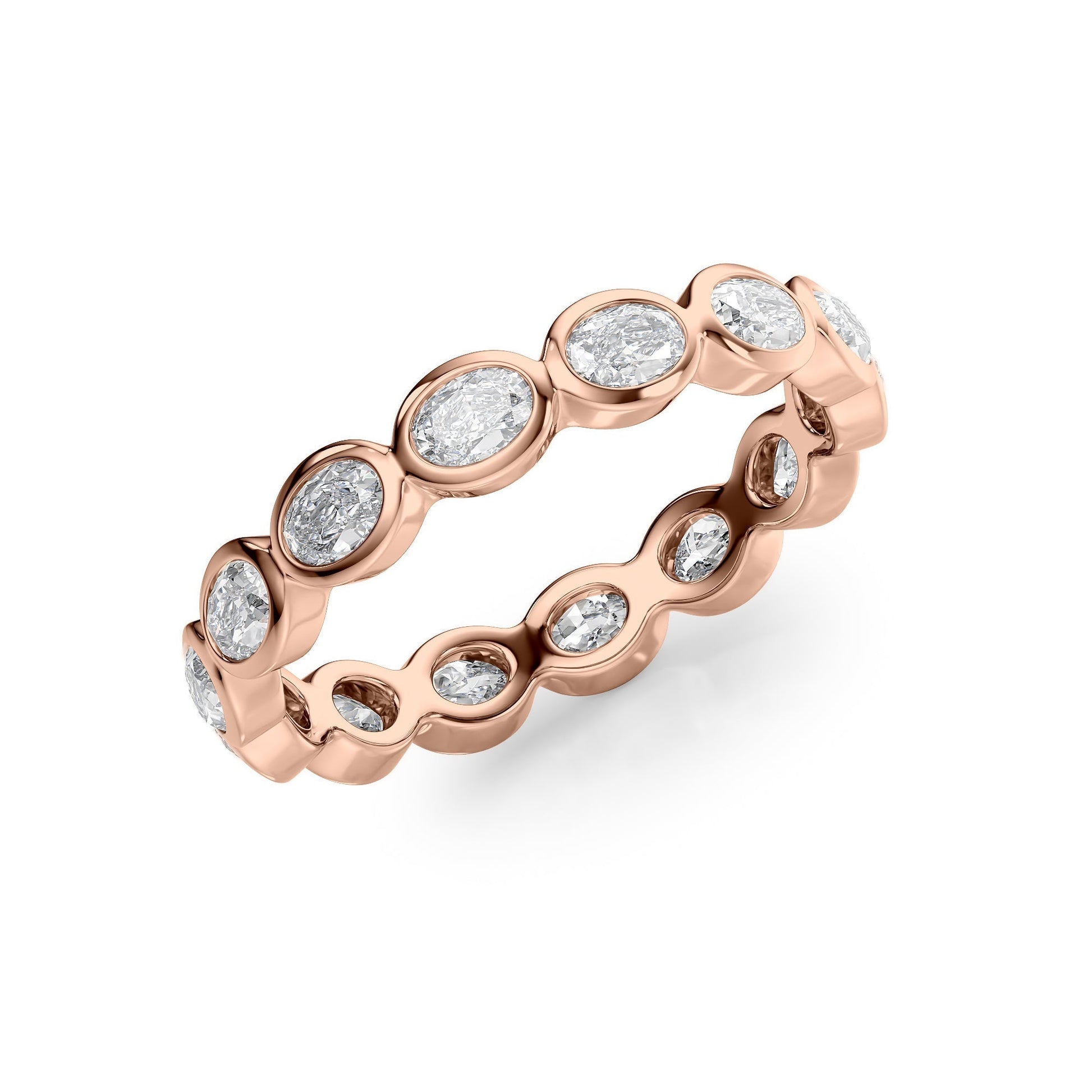 Rose :: close sparkle 1.4ct oval east west bezel lab diamond eternity ring rose gold warm tone