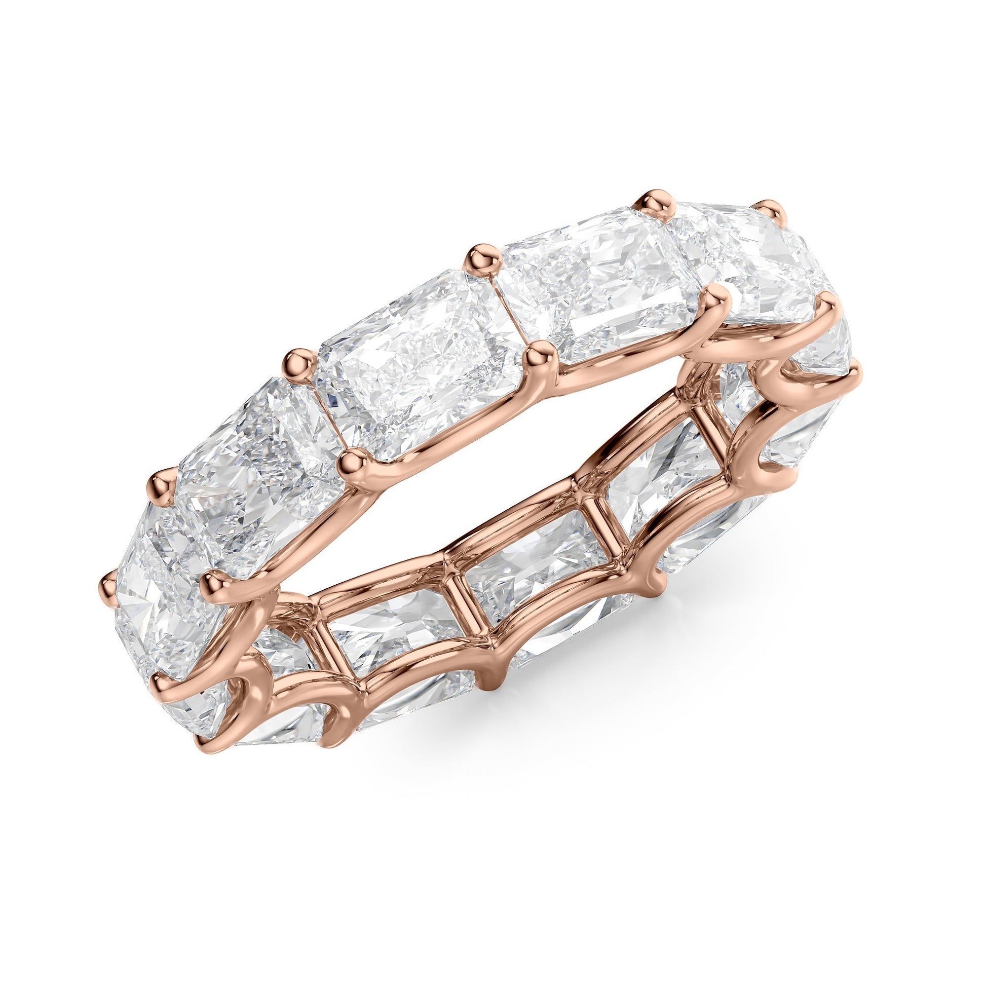 Rose :: close sparkle 6ct east west radiant lab diamond eternity ring rose gold bold luxury tone