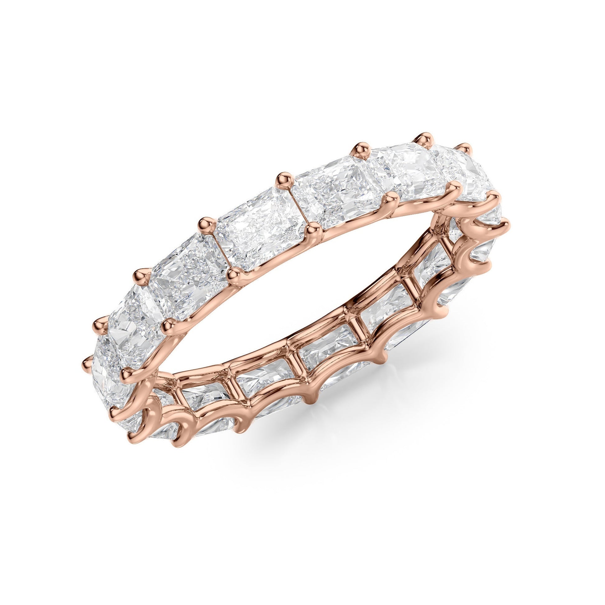 Rose :: close sparkle 2ct east west radiant lab diamond eternity ring rose gold warm tone