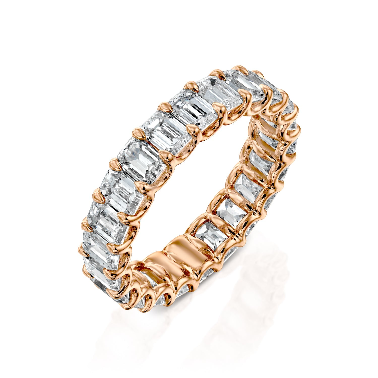 Rose :: 5 carat emerald cut lab diamond u prong eternity ring rose gold full band