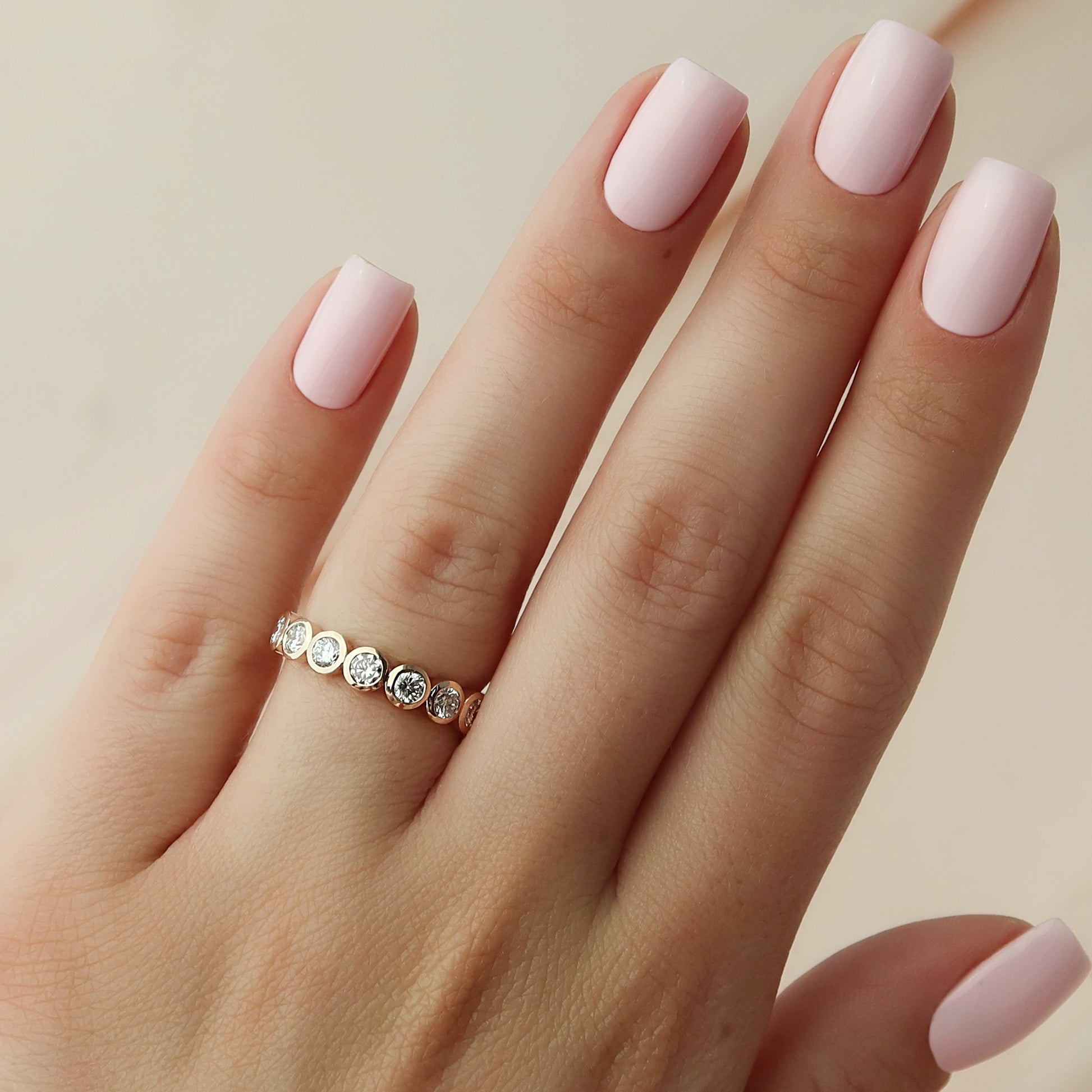 Rose :: elegant 2 carat round bezel lab grown diamond eternity ring rose gold statement band
